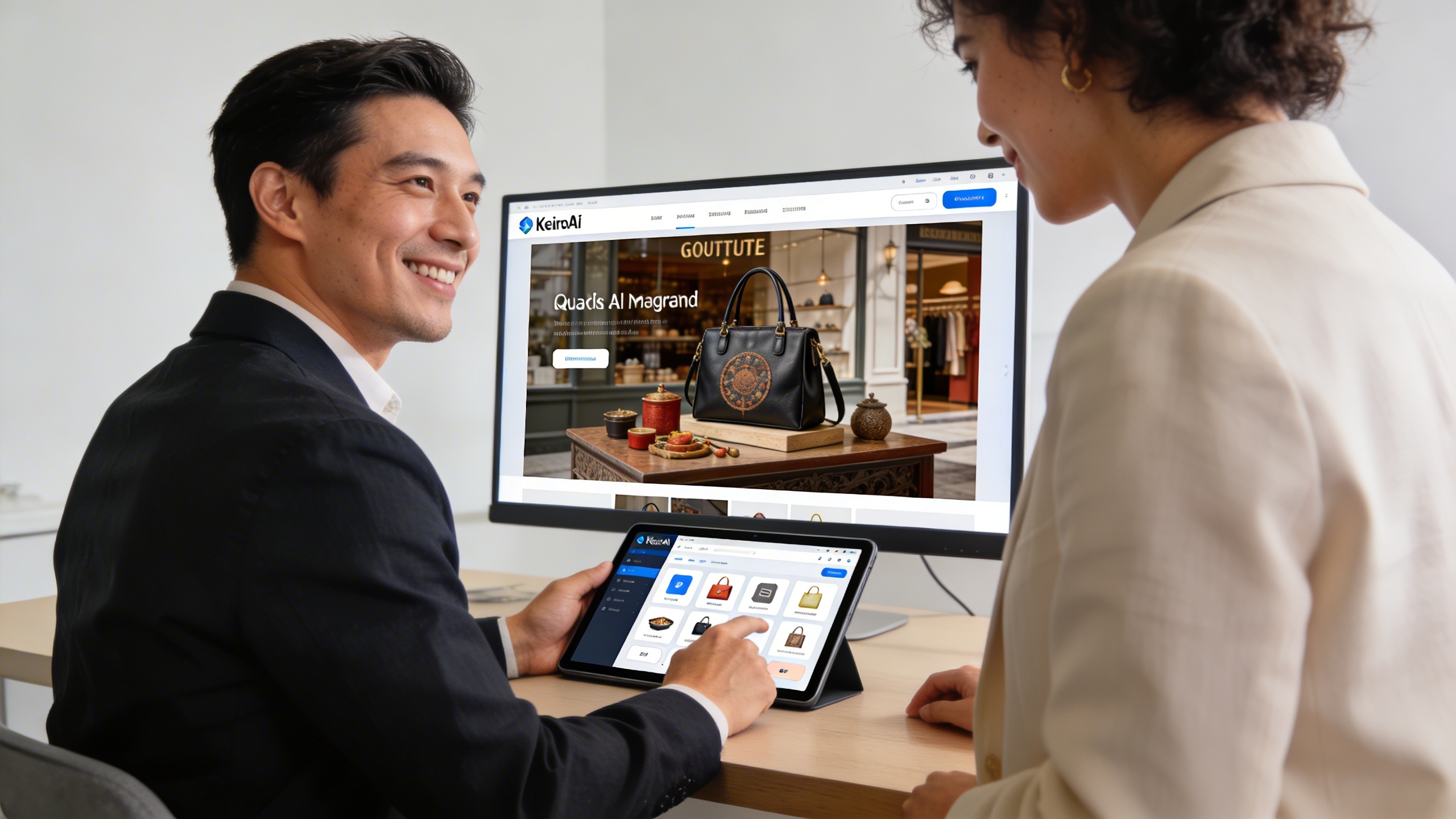 Un entrepreneur souriant et concentré utilisant la plateforme KeiroAI sur une tablette, affichant une interface intuitive de génération d'images. À côté de la tablette, un écran plus grand montre un visuel marketing de haute qualité généré par l'IA, mettant en scène un produit de boutique de manière attrayante. L'ambiance est moderne et productive, avec une lumière naturelle douce, style photo technologique et inspirante.