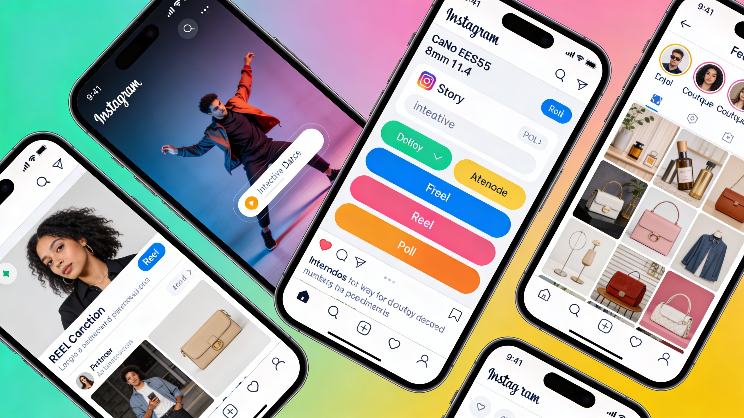 Une composition visuelle dynamique de plusieurs écrans de smartphone affichant différents formats de contenu Instagram : un Reel avec une danse rapide, une Story interactive avec un sondage, et un post carrousel présentant une collection de produits. L'ensemble est coloré et moderne, illustrant la diversité des outils disponibles pour une stratégie Instagram complète, style infographie photo dynamique.
