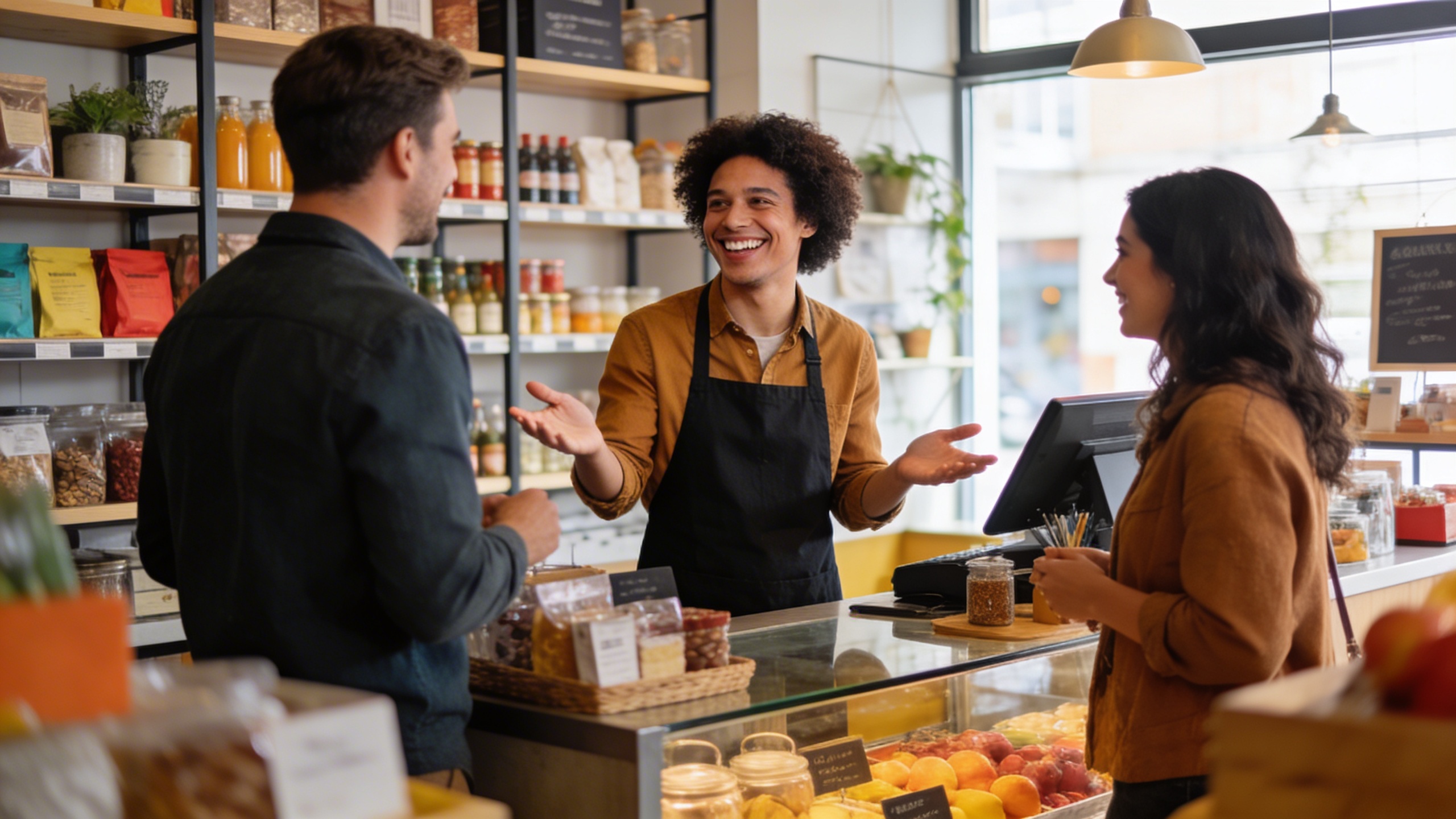 Un propriétaire de boutique amical et engagé, discutant joyeusement avec des clients dans son commerce moderne, reflétant une communauté en ligne et hors ligne florissante. L'interaction est chaleureuse et authentique, avec une lumière naturelle et une composition qui met en valeur la connexion humaine dans le commerce local, style photo éditorial de vie quotidienne.