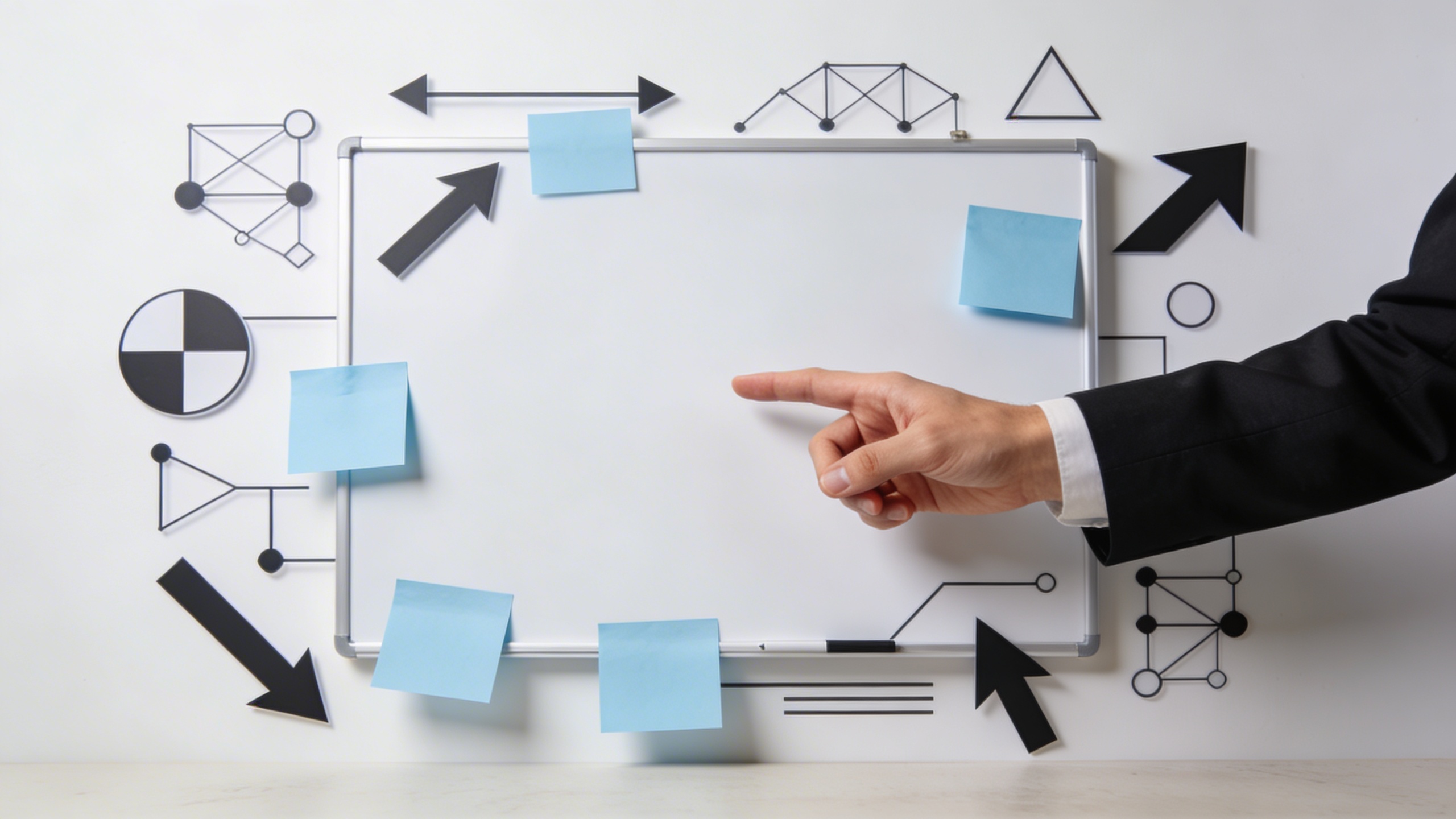 Une main professionnelle de coach pointe vers un tableau blanc stylisé et moderne, où les 4 piliers du contenu Instagram sont clairement écrits : 'Éducatif', 'Inspirant', 'Divertissant', 'Promotionnel'. Le tableau est entouré d'éléments visuels symbolisant la stratégie et la planification, avec une lumière vive et une composition épurée.