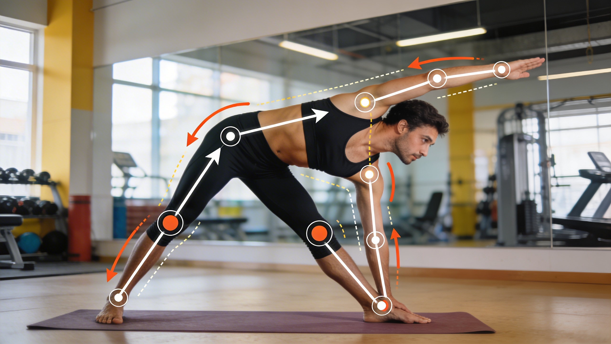 Un coach sportif démontrant une posture de yoga ou un exercice de fitness avec une technique impeccable, des lignes directrices graphiques animées superposées sur l'image pour expliquer le mouvement, dans une salle de sport lumineuse avec une ambiance énergique et pédagogique. Le style est une photo réaliste de haute qualité avec des éléments graphiques clairs.