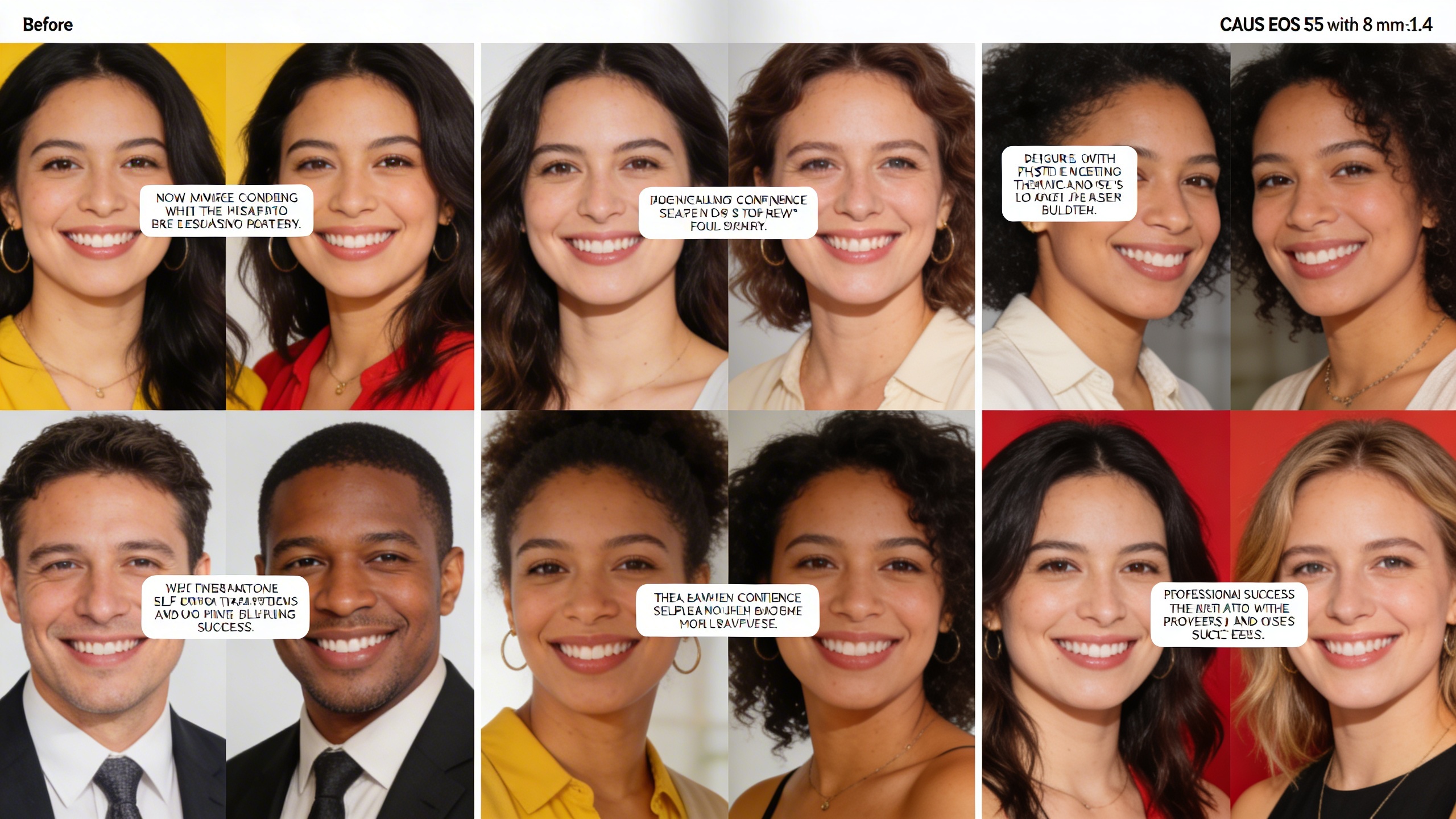 Une mosaïque de photos avant/après de plusieurs clients souriants, montrant des transformations positives (physique, confiance en soi, succès professionnel), avec de courtes citations de leurs témoignages superposées sur chaque image. L'ambiance est lumineuse, joyeuse et authentique, style photo éditoriale avec une composition dynamique.