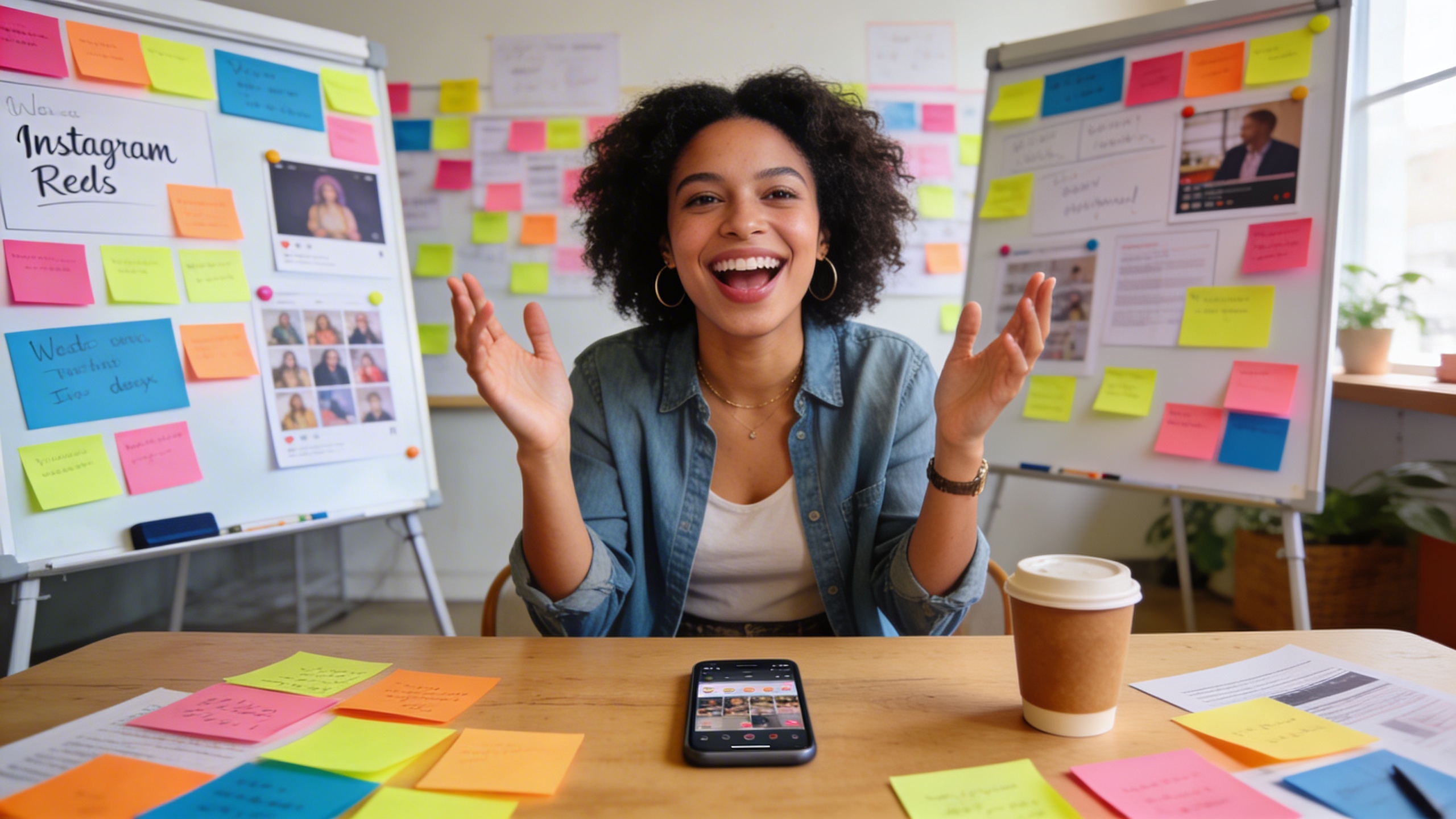 Un coach créatif en pleine séance de brainstorming pour ses prochains Reels Instagram, entouré de tableaux remplis d'idées, de post-its colorés, d'un smartphone et d'une tasse de café. L'ambiance est joyeuse et énergique, avec une lumière naturelle et des couleurs vives, composition inspirante et dynamique.
