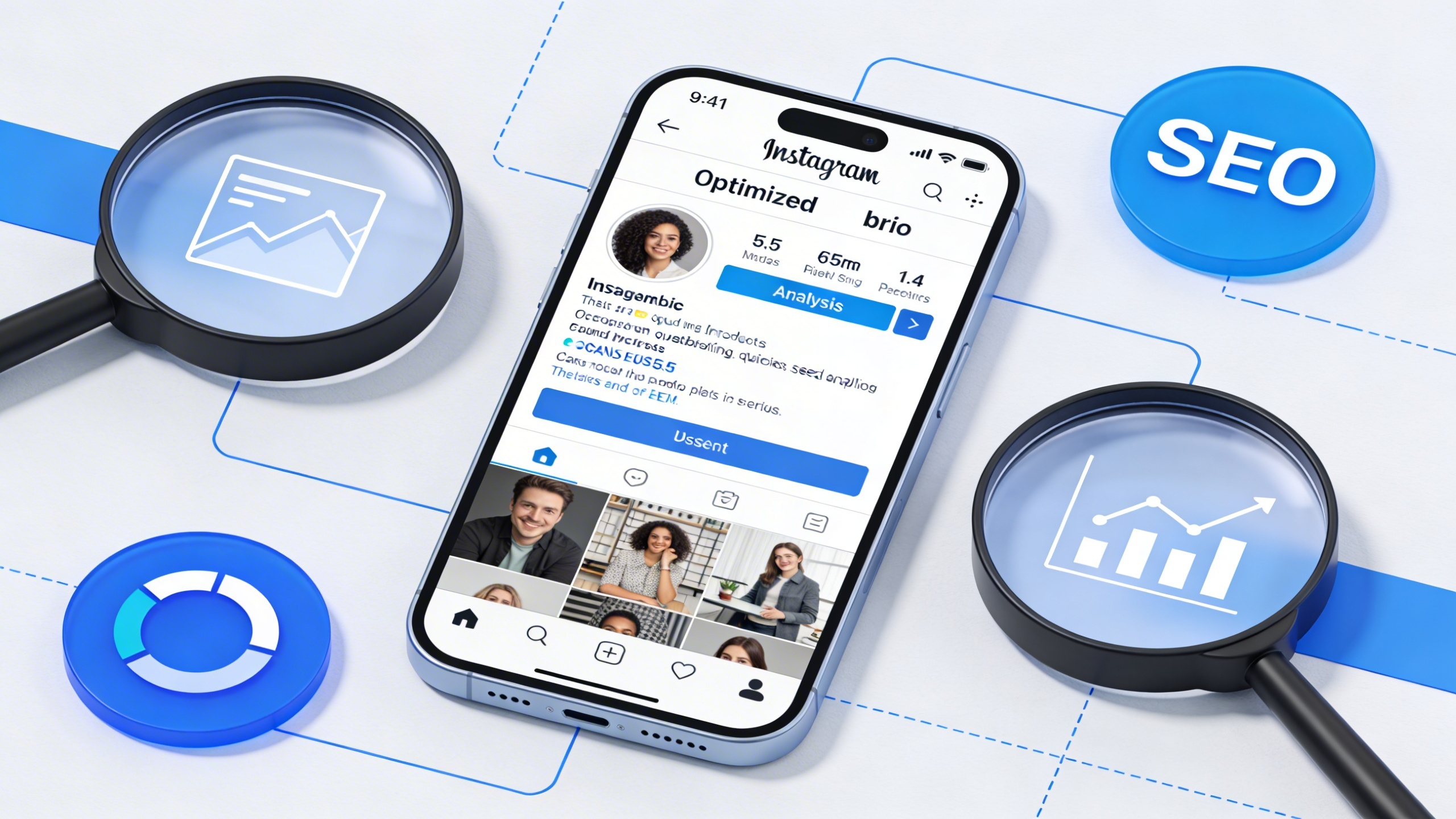 Un smartphone affichant une bio Instagram optimisée pour un coach de vie, avec des mots-clés comme 'coach de vie', 'entrepreneur', 'leadership', et 'Paris', ainsi qu'une localisation. L'écran est entouré de loupes et de symboles d'analyse SEO, dans un style technique et épuré, avec des couleurs dominantes bleu et blanc, ambiance de précision et d'efficacité.