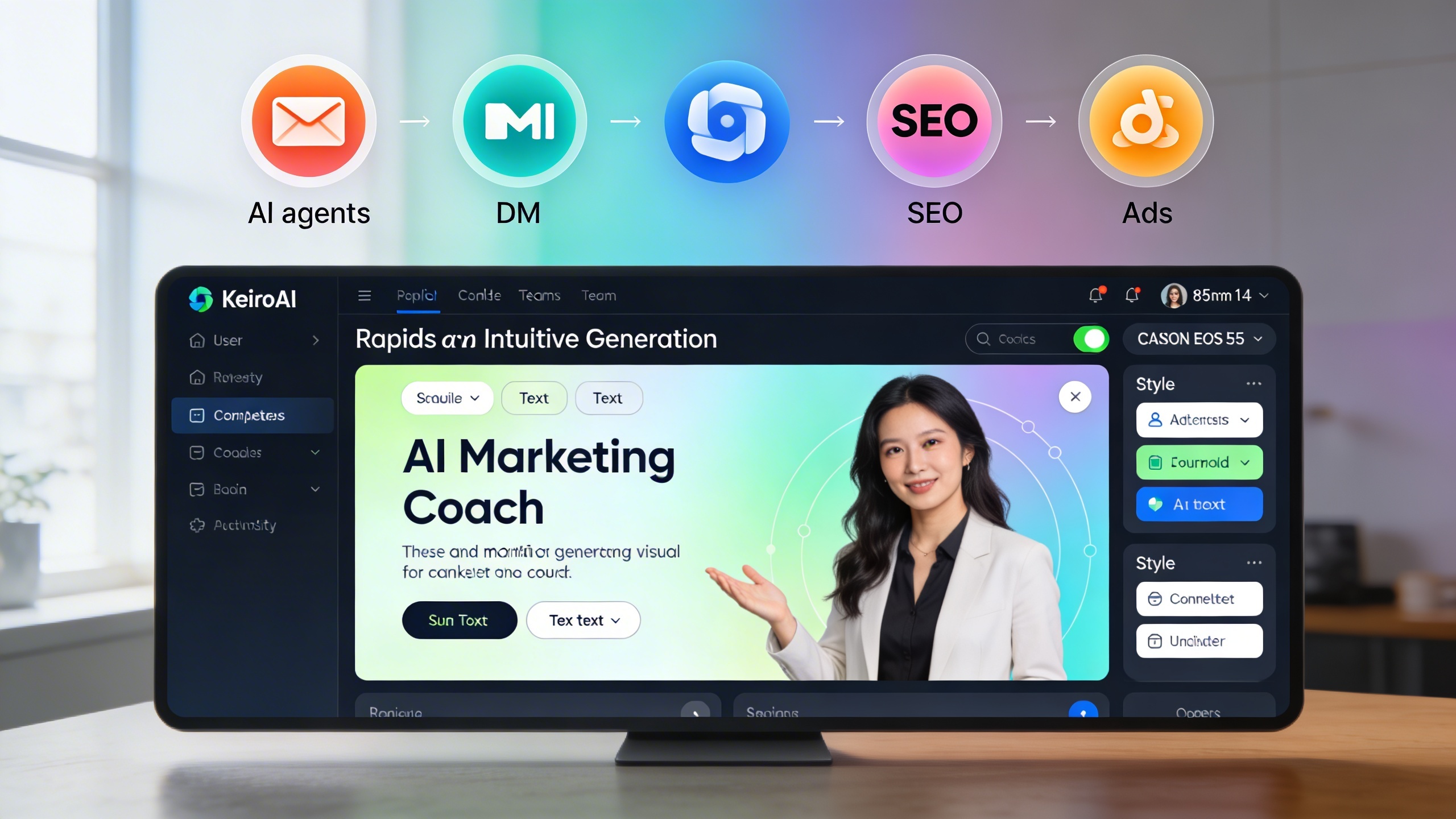 Interface utilisateur de KeiroAI montrant la génération rapide et intuitive d'un visuel marketing IA pour un coach, avec des options de style et de texte. En arrière-plan, des icônes stylisées représentant les différents agents IA (email, DM, SEO, ads) symbolisent une équipe complète. L'ambiance est futuriste, efficace et simple d'utilisation, avec des couleurs vives et une composition dynamique.