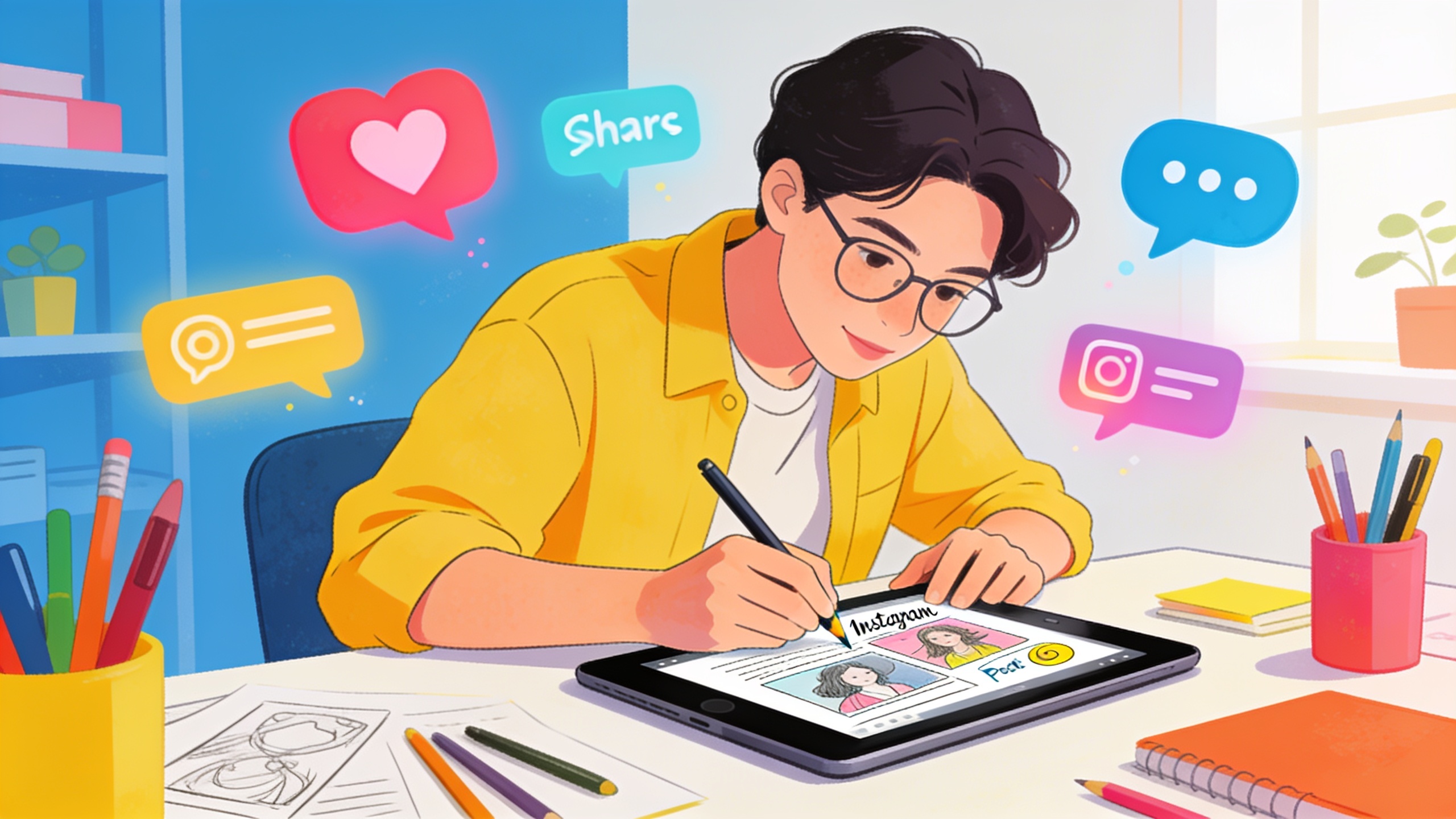 Freelance créant un contenu Instagram original et engageant sur sa tablette, avec des idées de posts créatifs et des statistiques d'engagement positives, style illustration moderne, couleurs vives et dynamiques.