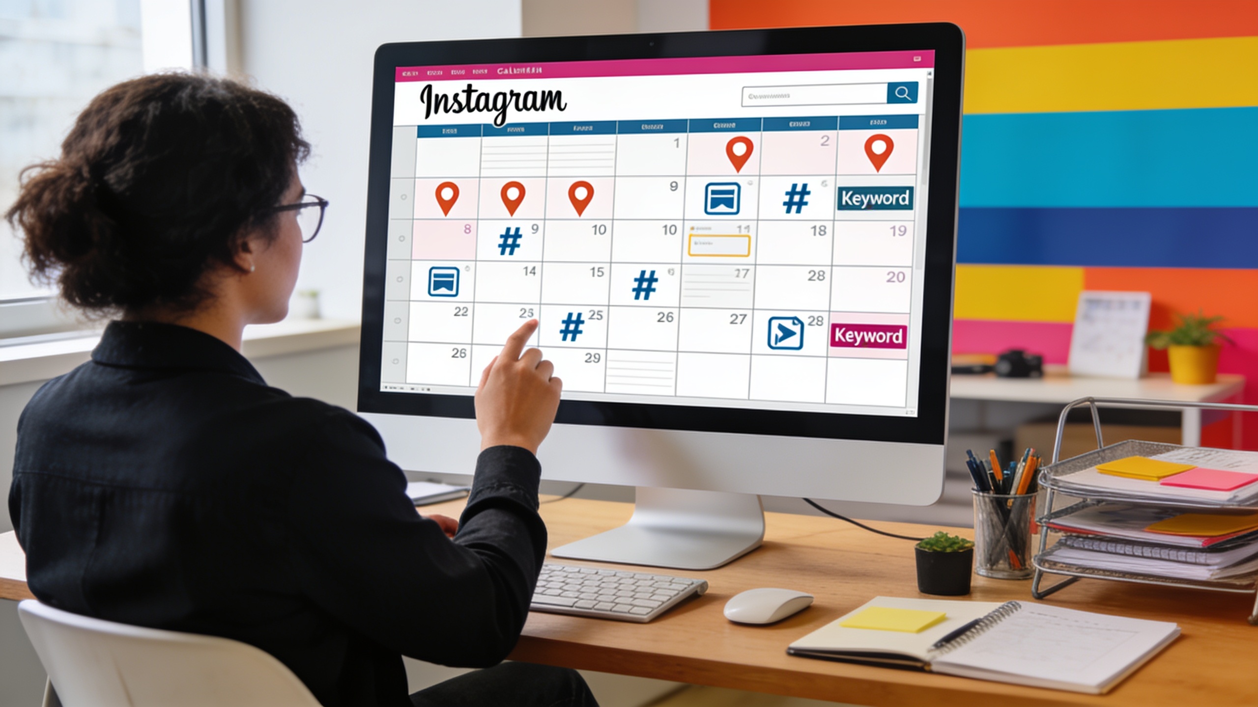 Freelance organisant un calendrier de contenu Instagram avec des icônes de géolocalisation et de hashtags, sur un écran d'ordinateur, pour une stratégie de social search efficace, style éditorial magazine, couleurs vives.