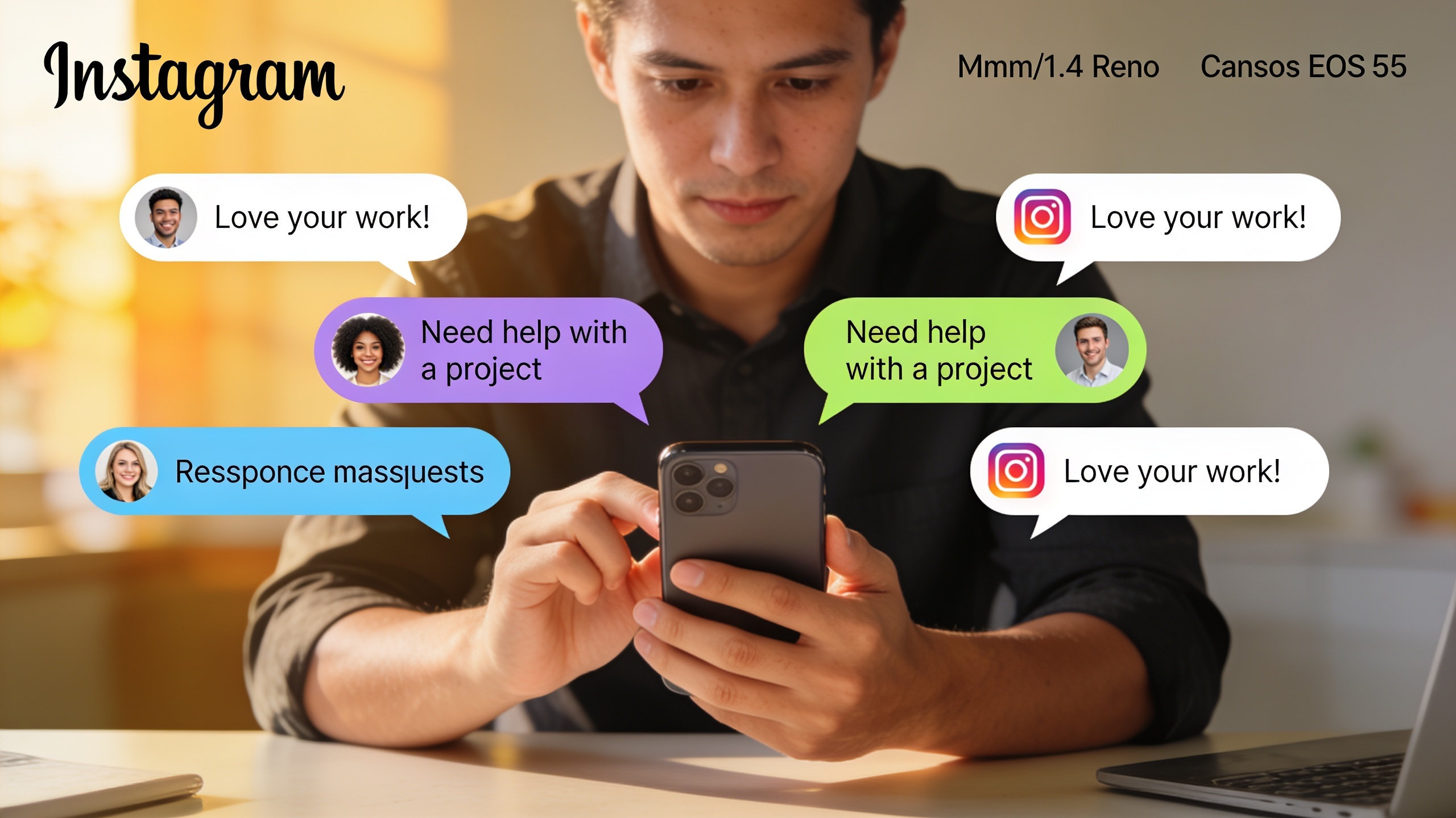Freelance en train de répondre à des messages directs Instagram sur son smartphone, avec des bulles de conversation montrant des interactions positives et des demandes de service, style photo réaliste, ambiance de travail concentrée.