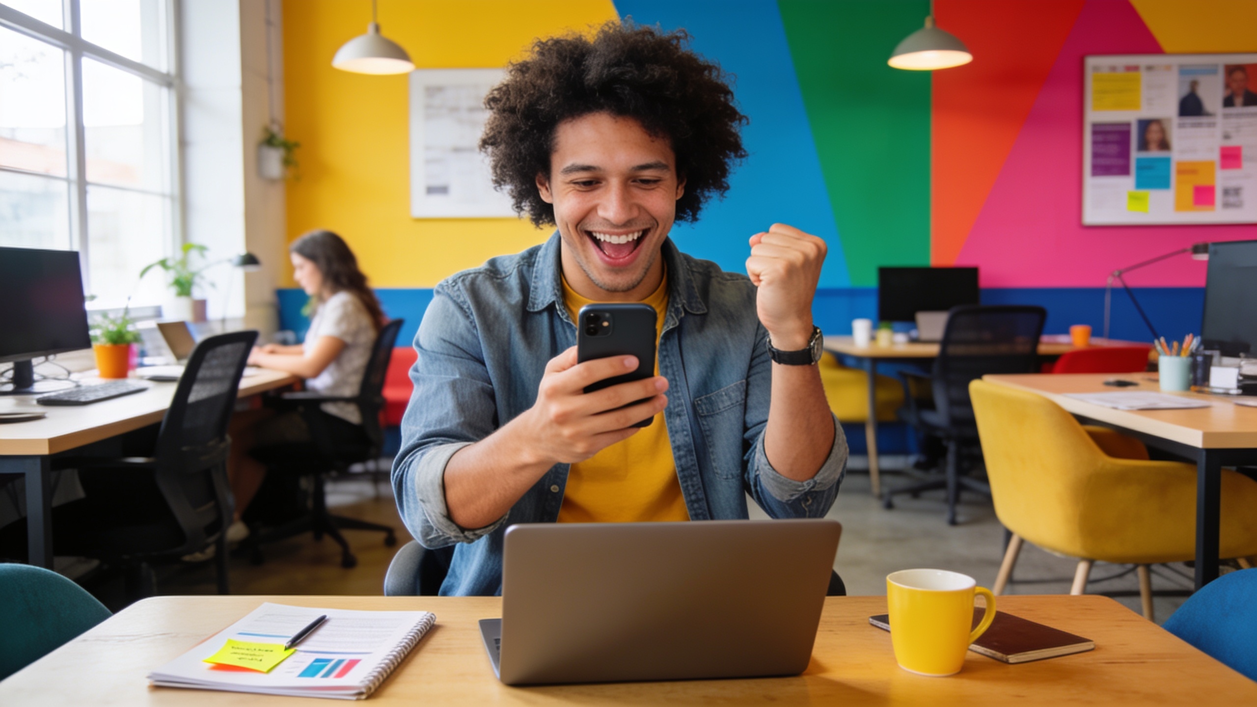 Freelance célébrant un succès, regardant son smartphone avec des notifications de nouveaux clients et de revenus, dans un espace de coworking dynamique, style photographie de portrait, ambiance joyeuse et motivante.
