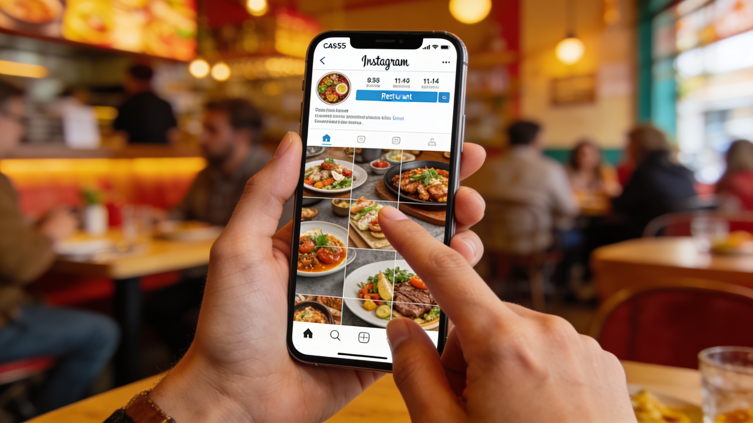 Une main tenant un smartphone affichant un fil Instagram avec de magnifiques photos de plats de restaurant, tandis que l'autre main pointe vers l'écran. L'arrière-plan est un restaurant animé avec des clients attablés et une ambiance chaleureuse. La lumière est douce et naturelle, mettant en valeur l'interaction numérique et l'environnement réel du restaurant.