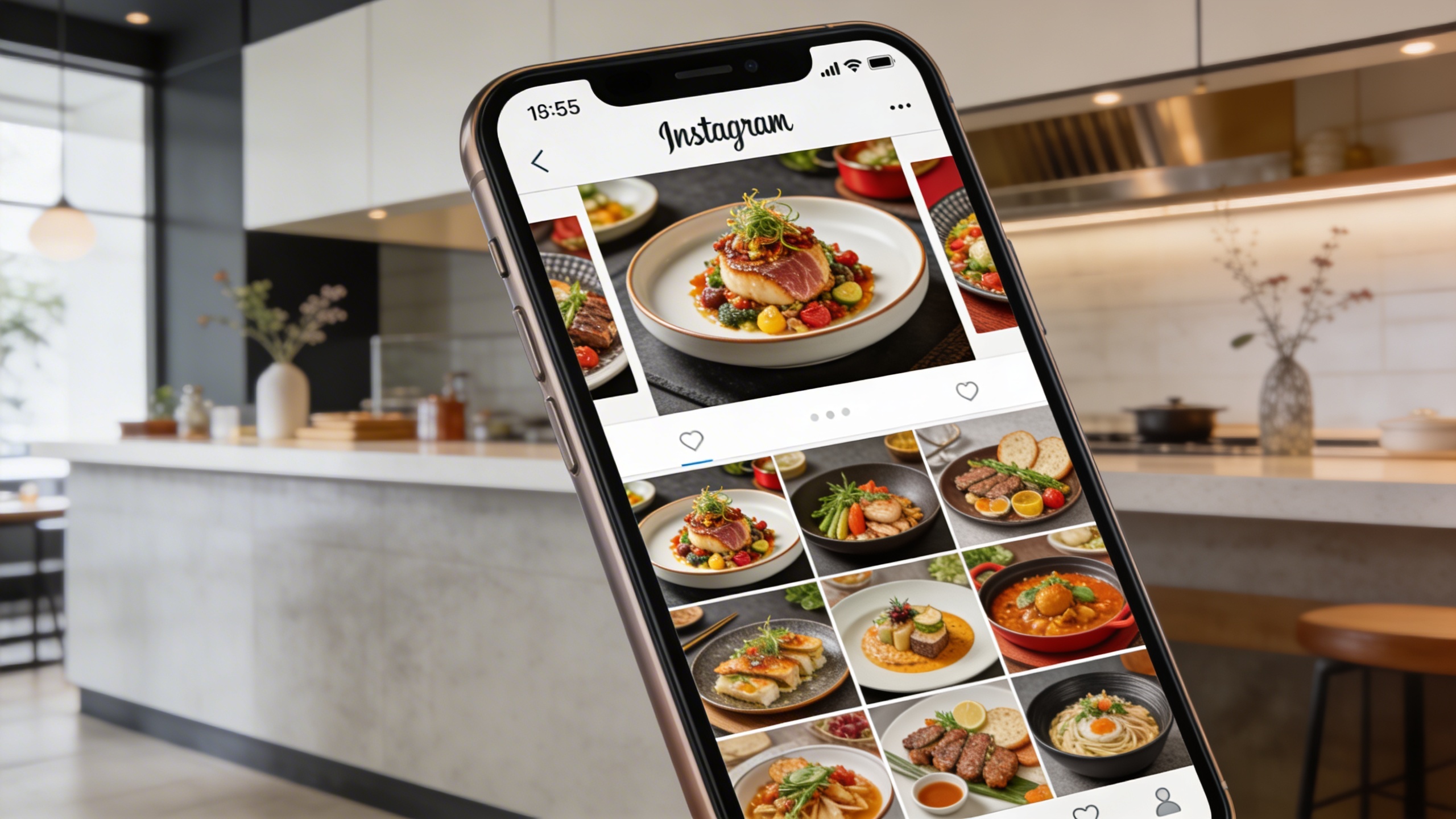 Un carrousel Instagram affiché sur un smartphone, montrant plusieurs photos de plats variés et appétissants d'un même restaurant. Les images sont lumineuses, colorées et de haute qualité, avec des légendes courtes et engageantes. L'arrière-plan est un comptoir de restaurant moderne et épuré, suggérant une ambiance contemporaine et professionnelle.