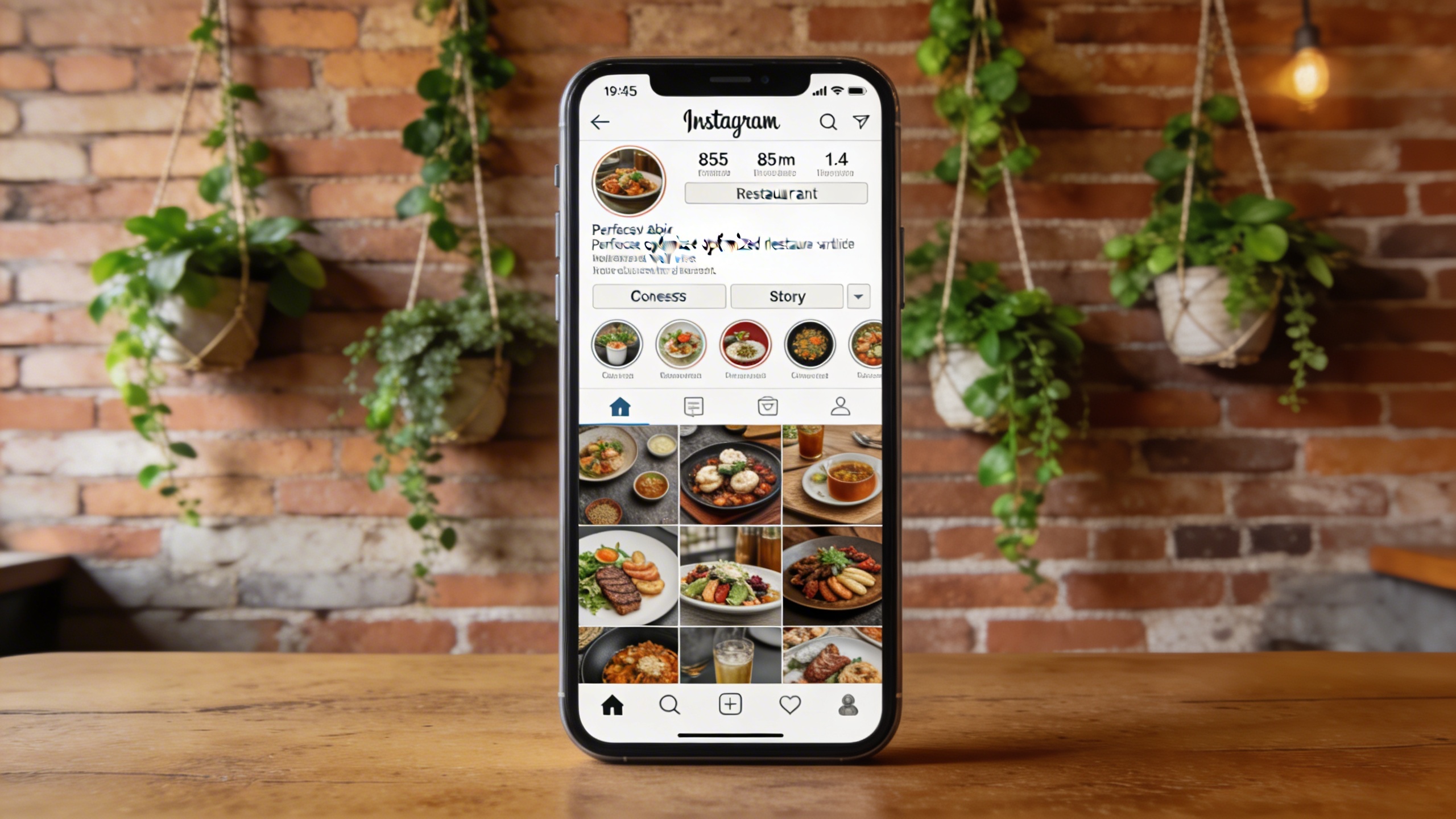 Un smartphone affichant le profil Instagram d'un restaurant, avec une bio optimisée, des highlights bien organisés et une grille de photos cohérente et appétissante. L'arrière-plan est un mur de briques rustique avec des plantes vertes, créant une ambiance chaleureuse et naturelle. La lumière est douce, mettant en évidence la clarté et l'attractivité du profil Instagram.