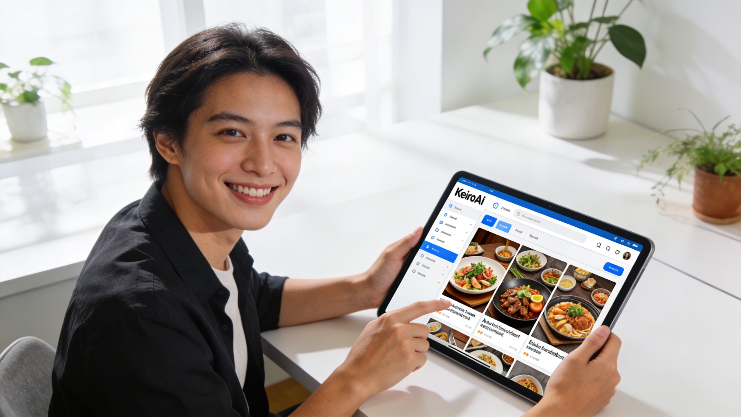 Un entrepreneur souriant et confiant utilisant une tablette pour générer des visuels marketing par IA. L'écran de la tablette montre l'interface intuitive de KeiroAI, avec des images de plats de restaurant de haute qualité générées. L'arrière-plan est un espace de travail moderne et lumineux, suggérant l'efficacité et la facilité d'utilisation de la technologie. La photo est réaliste et professionnelle.