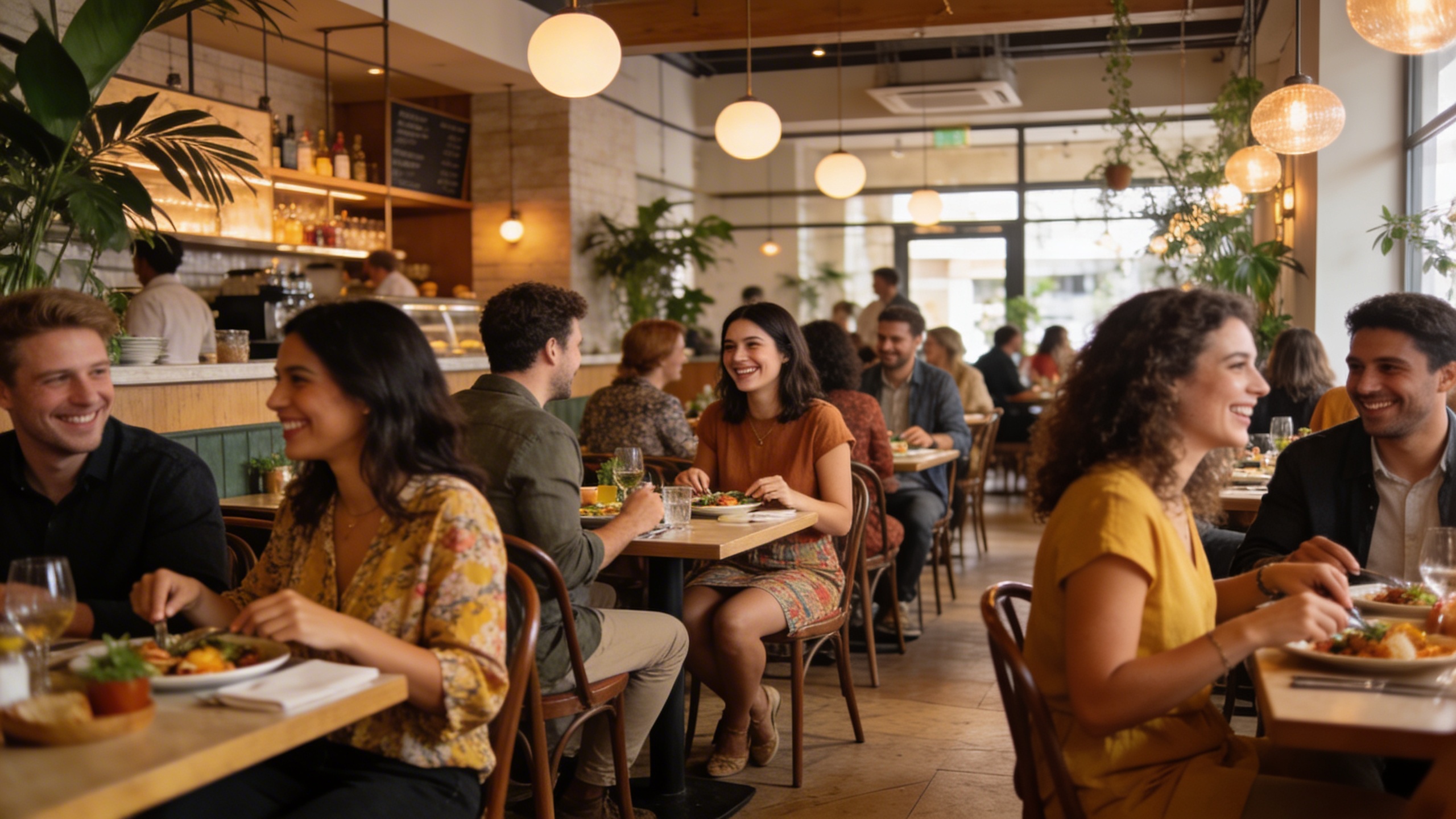 Un restaurant animé et moderne, avec des clients qui rient et profitent de leur repas. L'ambiance est chaleureuse et accueillante, avec une lumière tamisée et des touches de décoration végétale. La photo est prise sous un angle qui met en valeur l'énergie et la convivialité du lieu, invitant les spectateurs à s'imaginer y passer un bon moment.