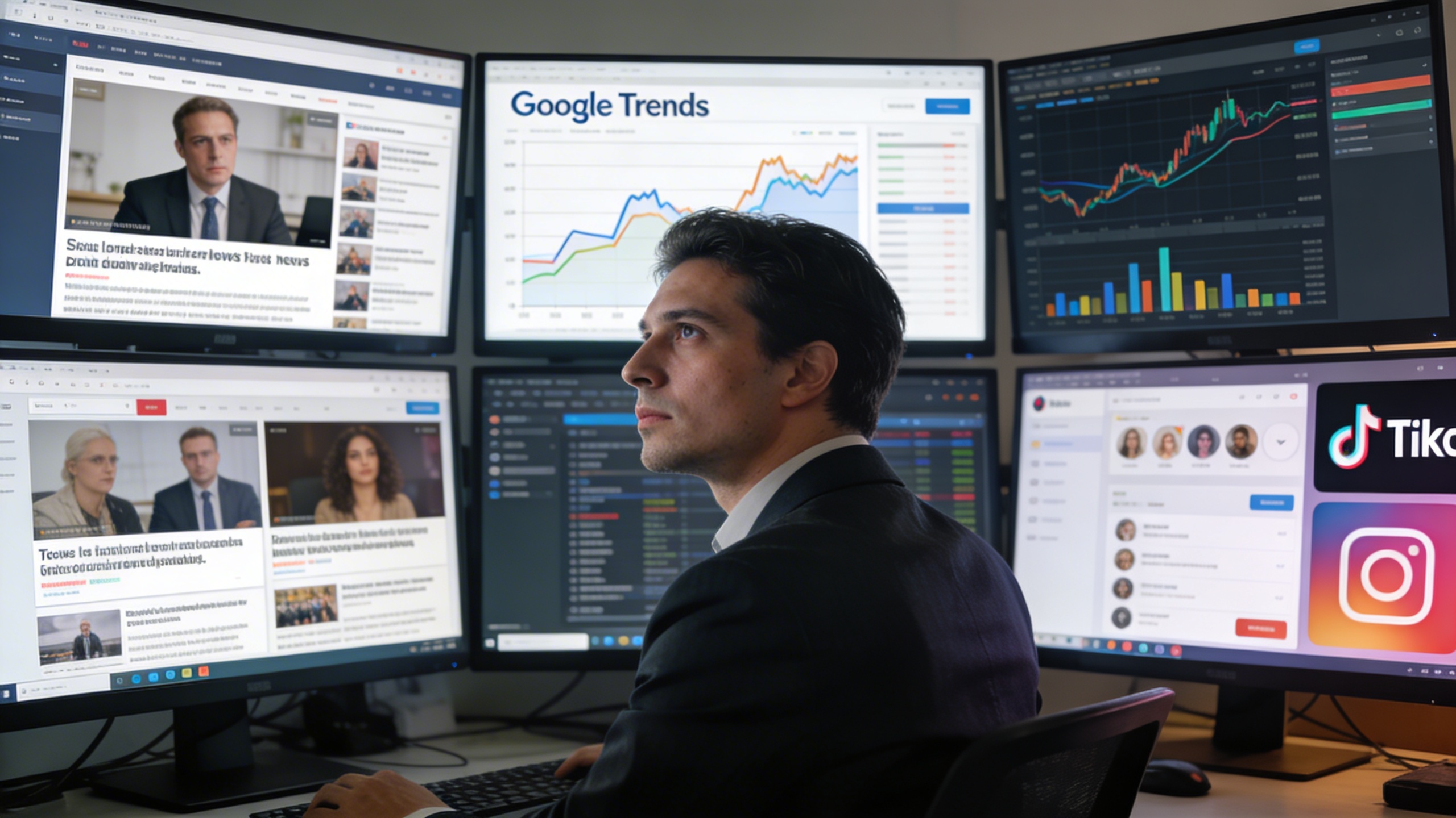 Un entrepreneur concentré, entouré d'écrans affichant des flux d'actualités, des graphiques de tendances et des réseaux sociaux, symbolisant une veille stratégique intense. La lumière est bleue et numérique, reflétant l'environnement de travail moderne et analytique d'un expert SEO.