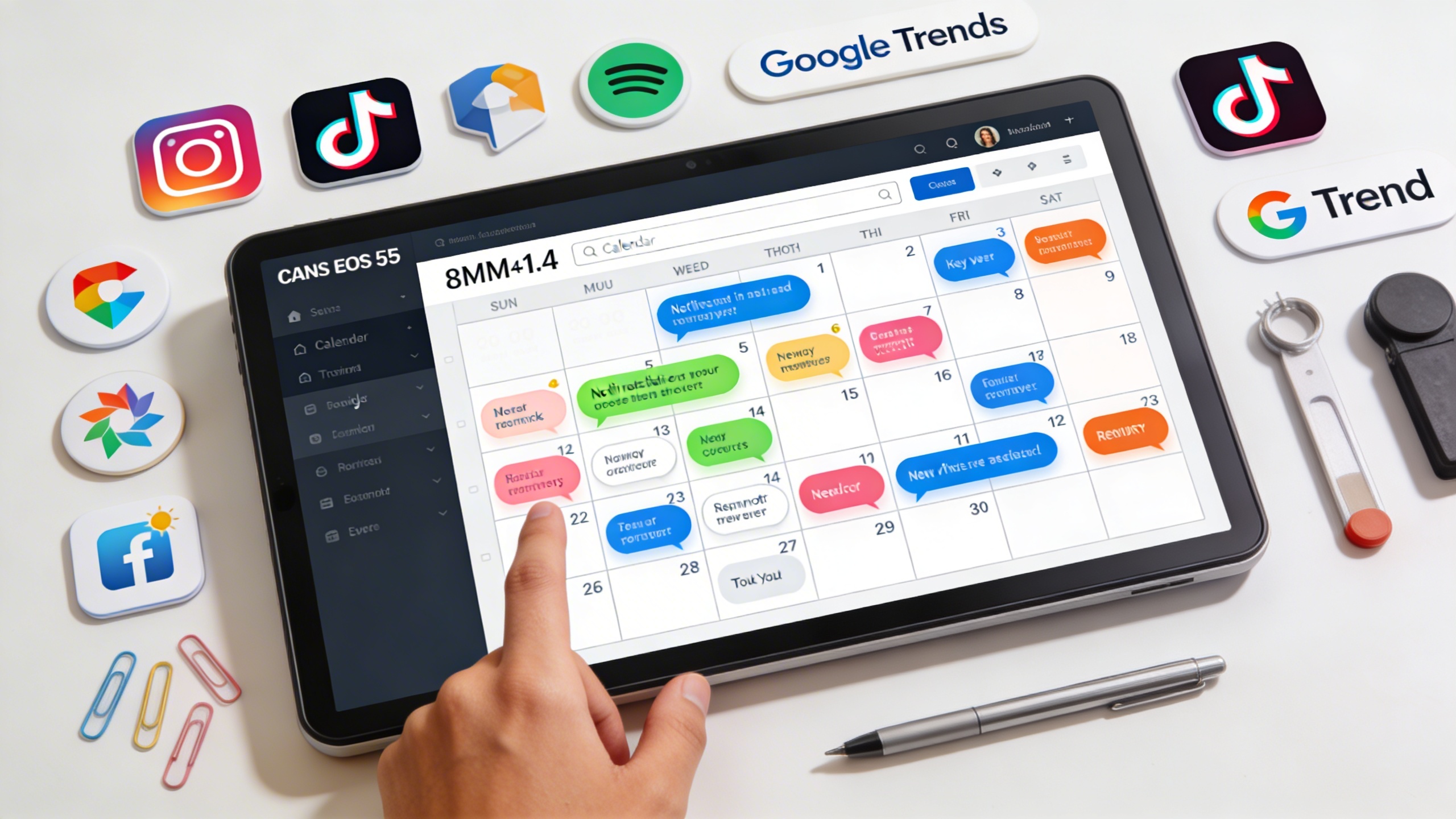 Un calendrier marketing digital affichant des événements clés comme 'French Days', 'Pâques', 'Printemps', avec des notifications et des rappels. Des icônes de réseaux sociaux et de logiciels de veille entourent le calendrier, illustrant la planification et l'anticipation des tendances. Lumière vive et composition claire.