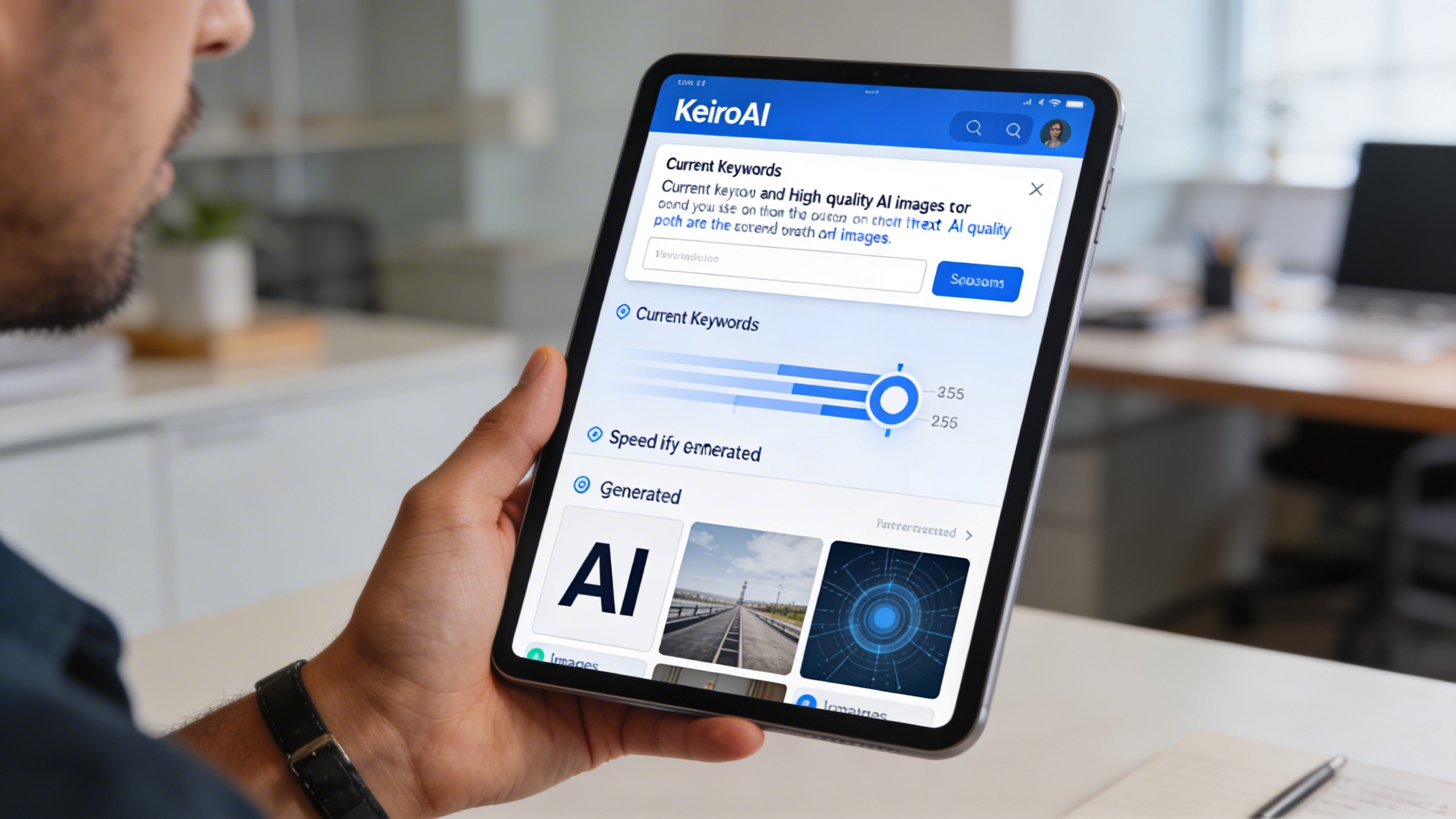 Une main d'entrepreneur utilisant une interface KeiroAI sur une tablette, générant des visuels marketing avec des mots-clés liés à l'actualité. Des images IA de haute qualité apparaissent rapidement à l'écran, montrant la vitesse et l'efficacité de la plateforme. L'ambiance est moderne et productive.