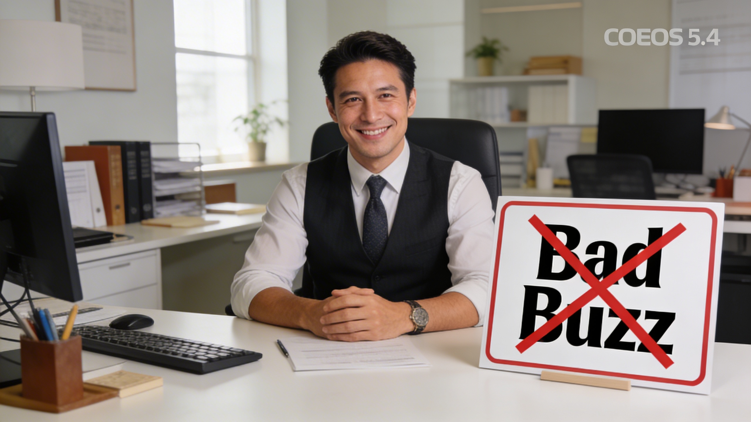 Une scène de bureau avec un entrepreneur souriant et confiant, ayant évité un piège marketing symbolisé par un panneau 'Bad Buzz' barré. L'atmosphère est sereine et professionnelle, soulignant la réussite grâce à une stratégie marketing prudente et éclairée. Style photo réaliste, couleurs équilibrées.