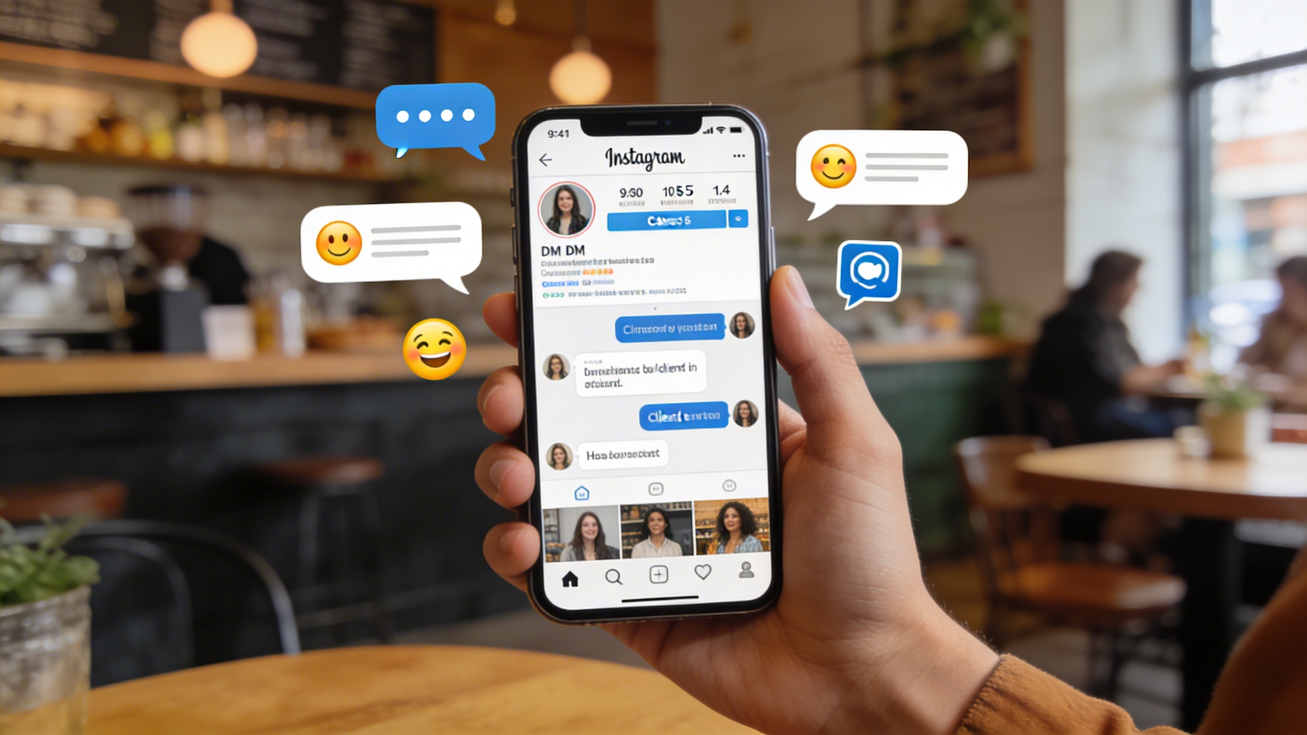 Un entrepreneur qui utilise son smartphone pour interagir avec des clients via des DMs Instagram, affichant des messages personnalisés et des réponses rapides. Des bulles de conversation et des icônes de satisfaction client flottent autour, symbolisant une communication efficace et humaine. Style photo réaliste, couleurs chaudes et accueillantes.