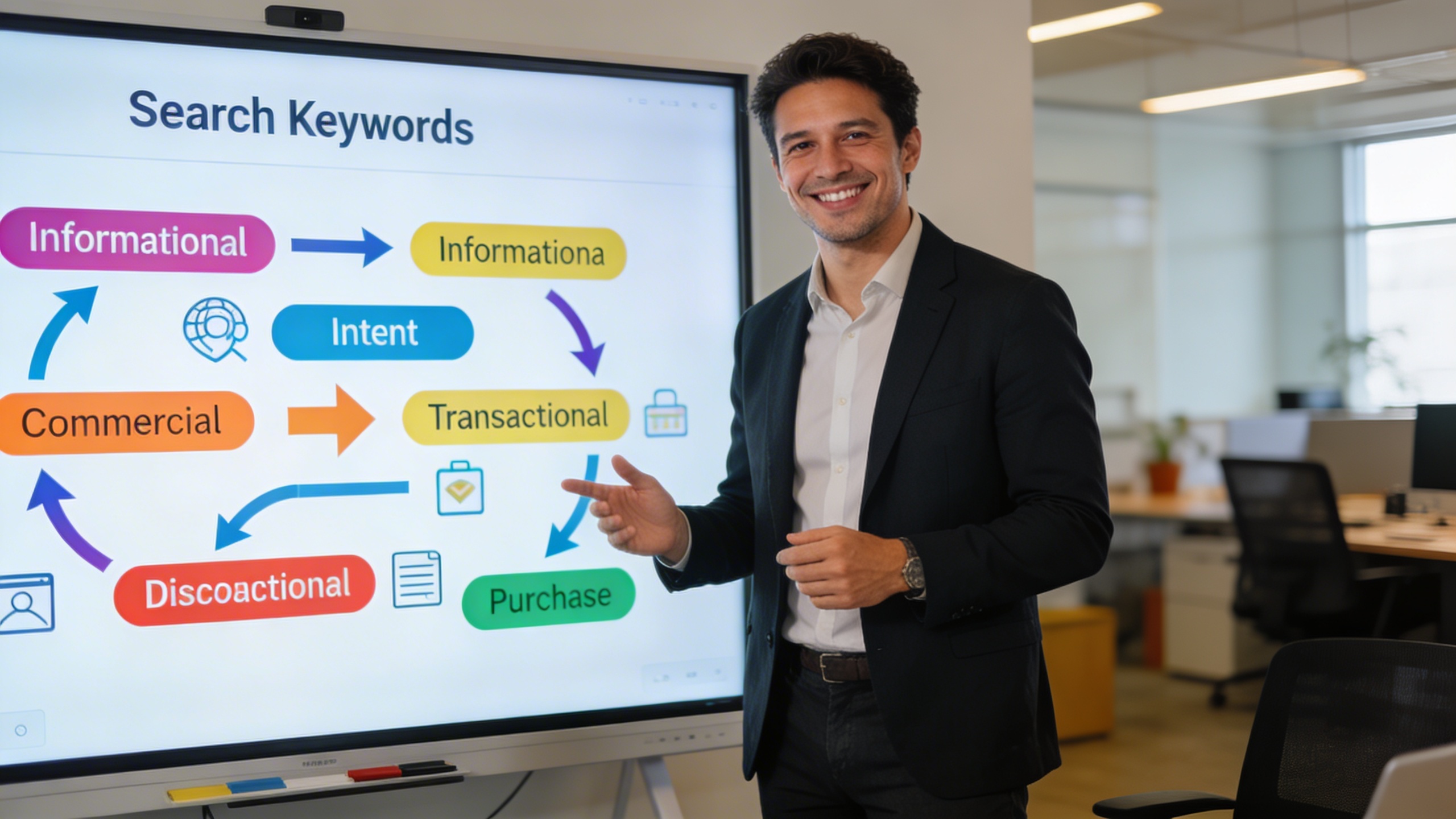 Un coach homme d'affaires souriant devant un tableau blanc interactif affichant des mots-clés de recherche organisés par intention (informationnelle, commerciale, transactionnelle), avec des flèches et des icônes symbolisant le parcours client digital. Style photo réaliste, éclairage de bureau moderne, couleurs vives.