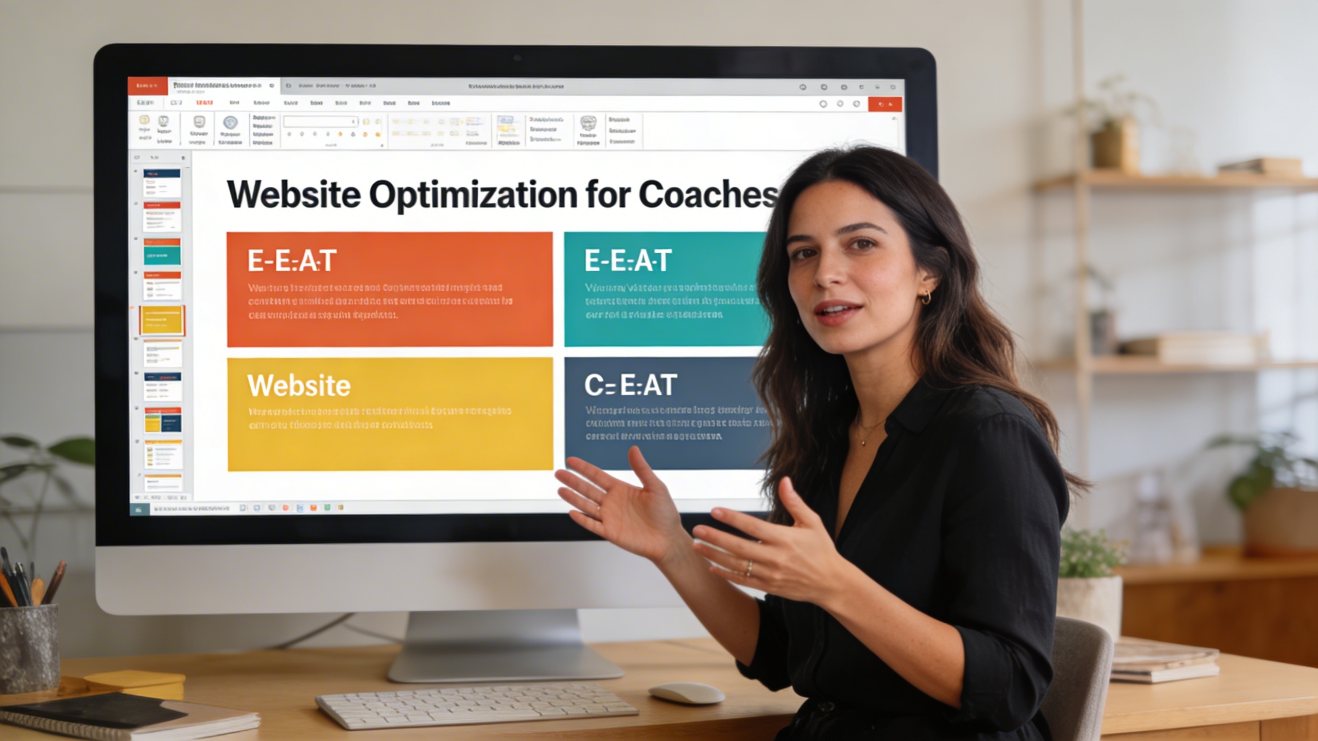Une coach inspirante présentant un séminaire en ligne, son écran affichant des diapositives avec des points clés sur l'E-E-A-T (Expérience, Expertise, Autorité, Fiabilité) et l'optimisation de site web. Style photo réaliste, ambiance de conférence virtuelle, éclairage professionnel.