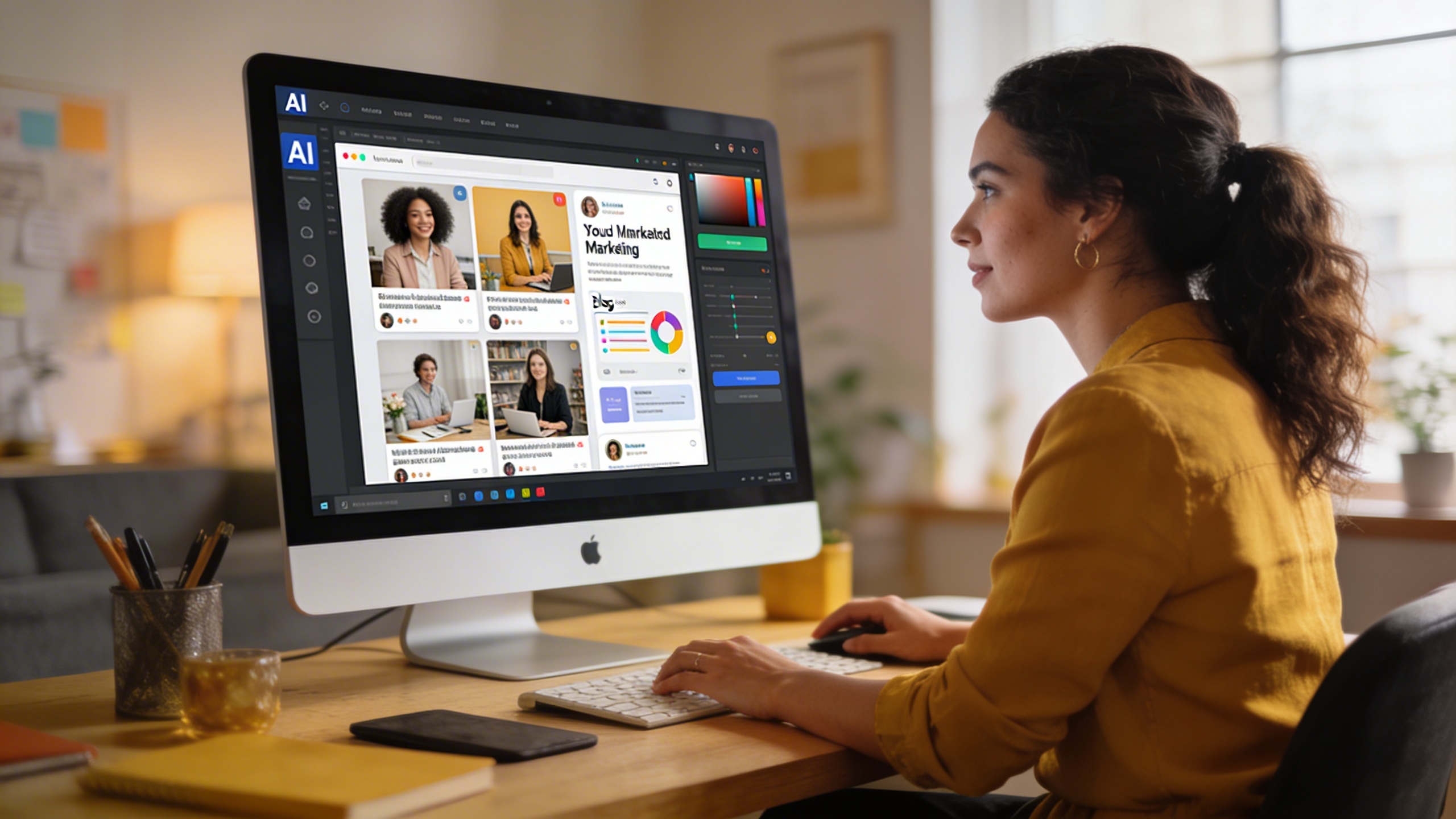 Une coach passionnée devant un écran d'ordinateur, utilisant un outil IA pour générer des visuels marketing percutants. L'écran affiche des exemples de photos réalistes pour les réseaux sociaux et des infographies pour des articles de blog, symbolisant l'efficacité de l'IA. Style photo éditorial, couleurs douces et naturelles.