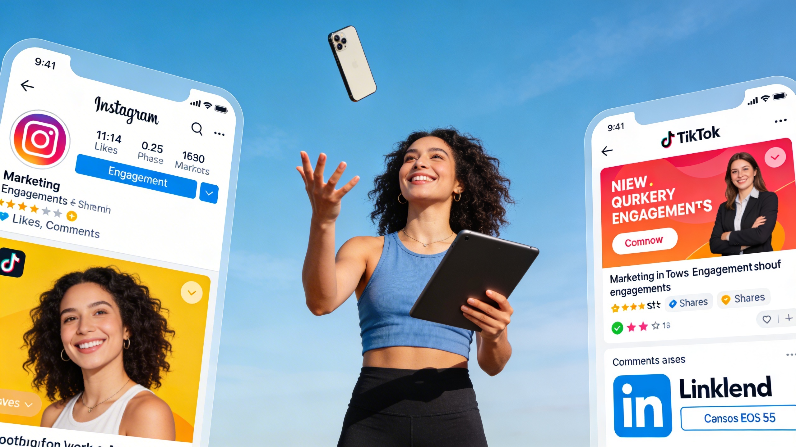 Une coach femme souriante, jonglant avec un smartphone et une tablette, affichant les interfaces d'Instagram, TikTok et LinkedIn avec des contenus marketing visuellement attrayants et des statistiques d'engagement. Style photo réaliste, ambiance dynamique et connectée.