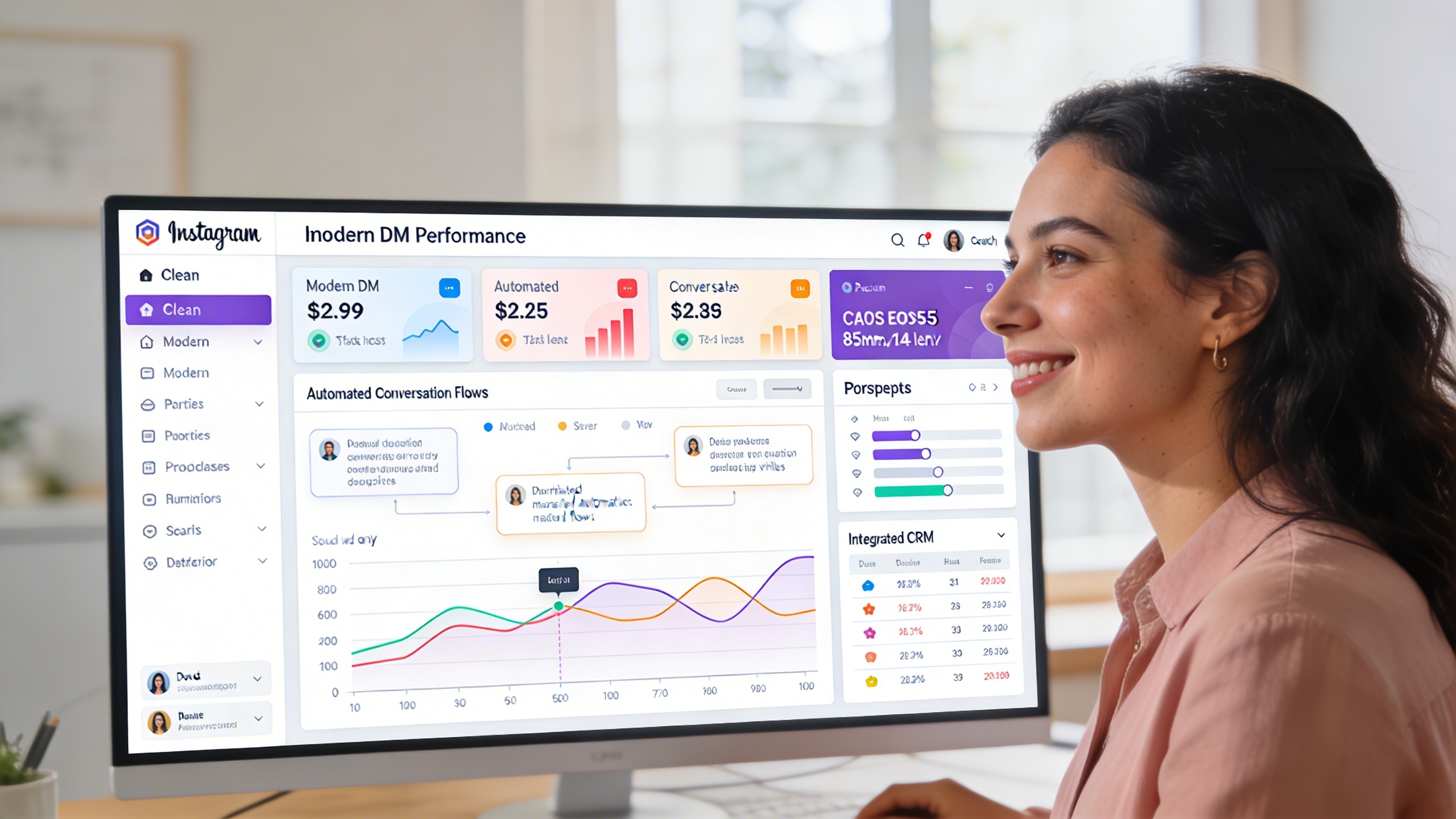 Une coach femme souriante et sereine, regardant un tableau de bord numérique affichant des statistiques de performance de DM Instagram, des conversations automatisées et un CRM intégré. L'écran est propre et moderne, symbolisant l'efficacité et la maîtrise de l'automatisation. Style photo réaliste, éclairage doux et professionnel.