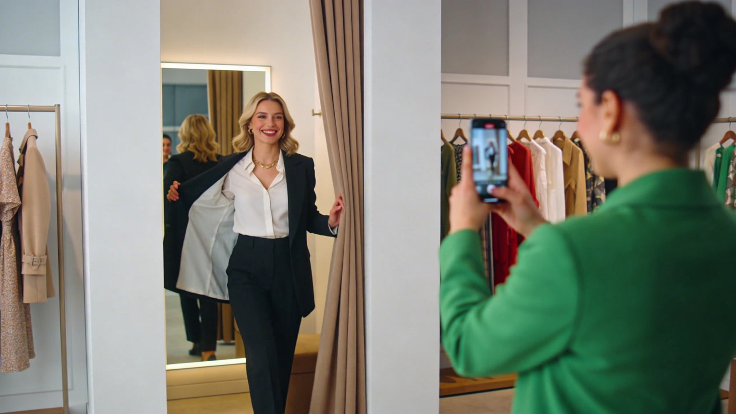 Une femme élégante sortant d'une cabine d'essayage dans une boutique de vêtements chic, souriant et montrant sa nouvelle tenue à une amie qui la filme avec son smartphone. Ambiance lumineuse et moderne, style photo de mode éditorial.