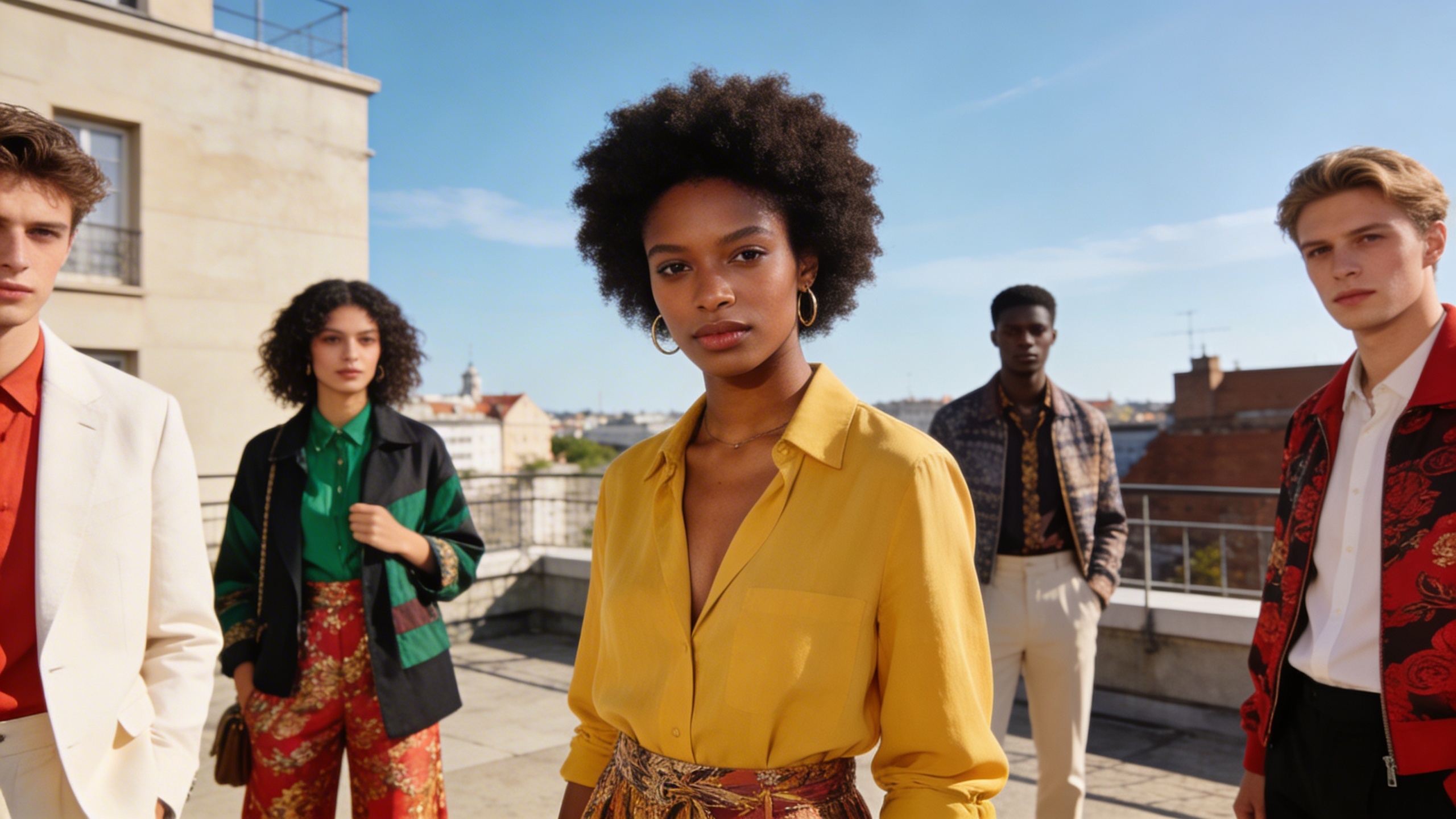 Une série de photos de mode générées par IA pour une boutique de vêtements, montrant différentes tenues sur des mannequins divers dans des décors urbains stylisés et des ambiances naturelles lumineuses. Les images sont de haute résolution, avec une esthétique moderne et une composition artistique, illustrant la puissance de la génération de visuels par IA pour le marketing.