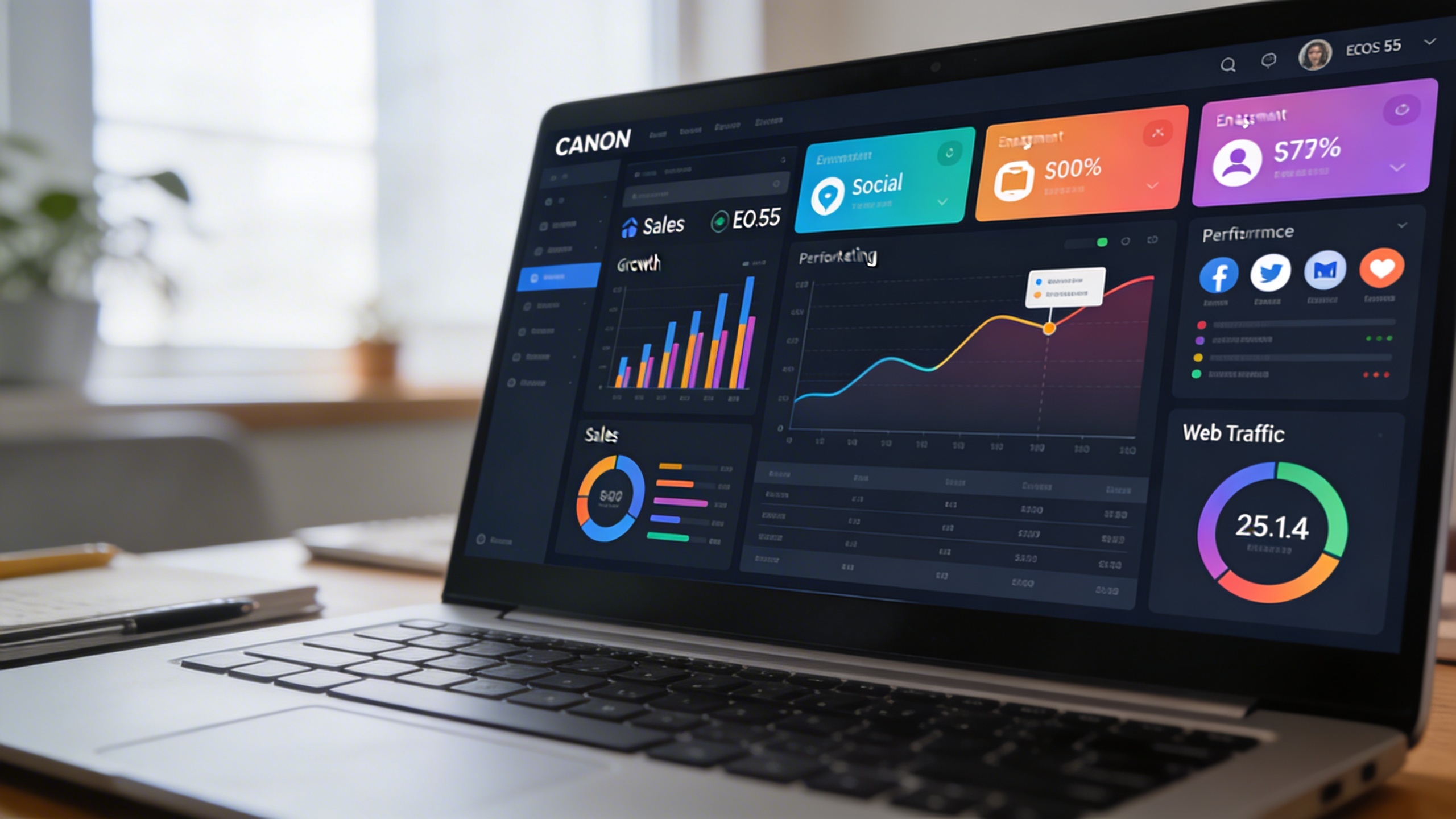 Une vue détaillée d'un tableau de bord d'analyse marketing digital, montrant des graphiques de croissance des ventes, de l'engagement sur les réseaux sociaux et du trafic web. L'interface est moderne et colorée, avec des icônes représentant différentes plateformes. Style photo réaliste et professionnel, mettant en évidence l'importance de la mesure des performances.