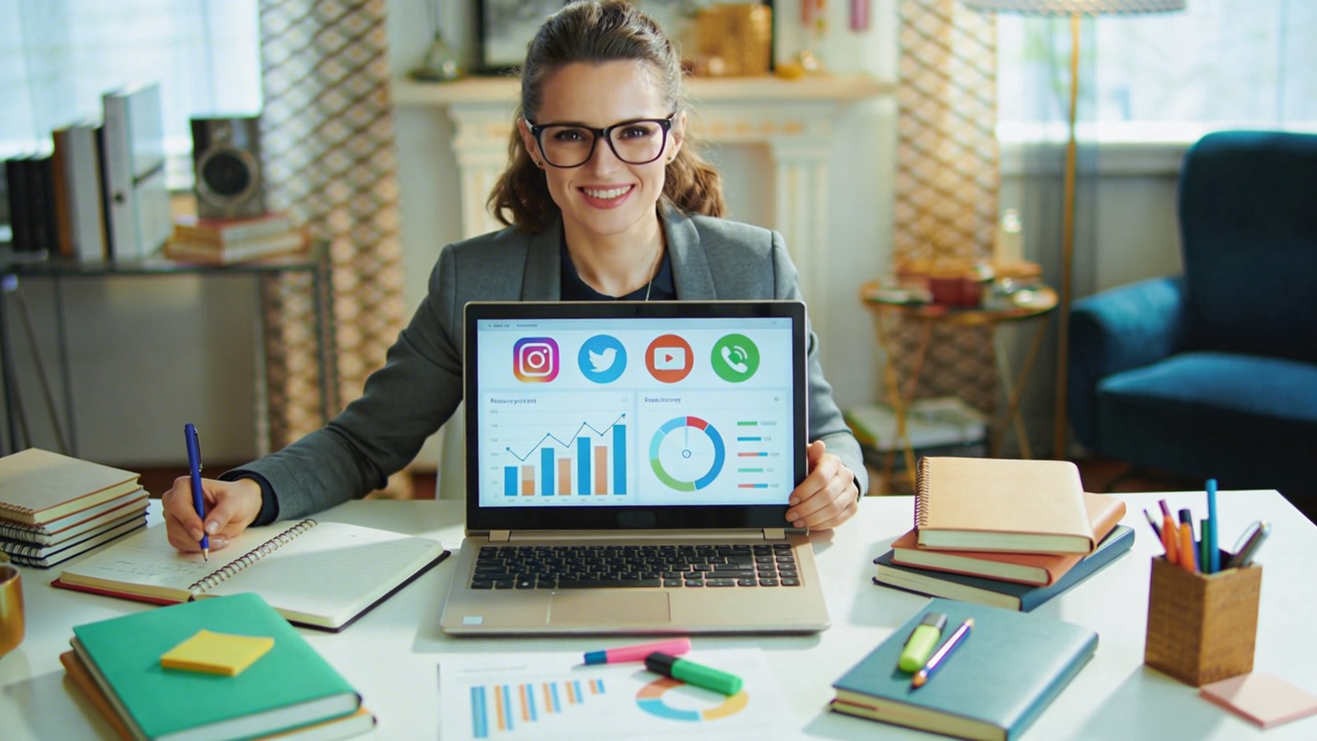 Une jeune femme entrepreneure devant son ordinateur portable, planifiant sa stratégie de marketing digital. Elle a des carnets et des stylos autour d'elle, l'ambiance est studieuse mais inspirante. Sur l'écran de l'ordinateur, on aperçoit des icônes de réseaux sociaux et des outils d'analyse. Style photo réaliste et lumineux, mettant en avant la concentration et la créativité.