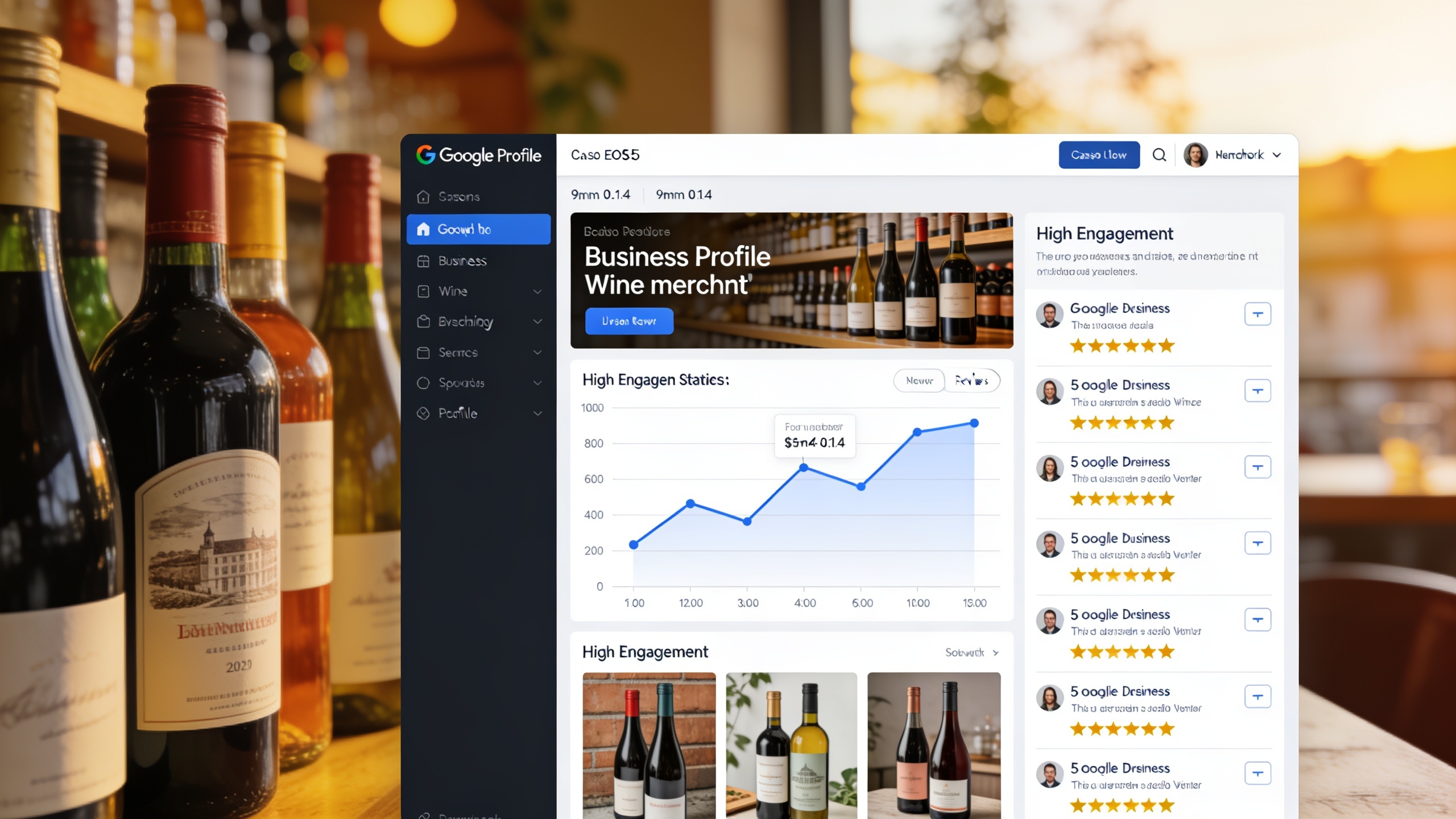 Interface d'un Google Business Profile pour un caviste, montrant des statistiques d'engagement élevées, de nombreux avis 5 étoiles et des photos attrayantes de bouteilles de vin, avec des graphiques de croissance. Style UI/UX design, couleurs vives, ambiance professionnelle.