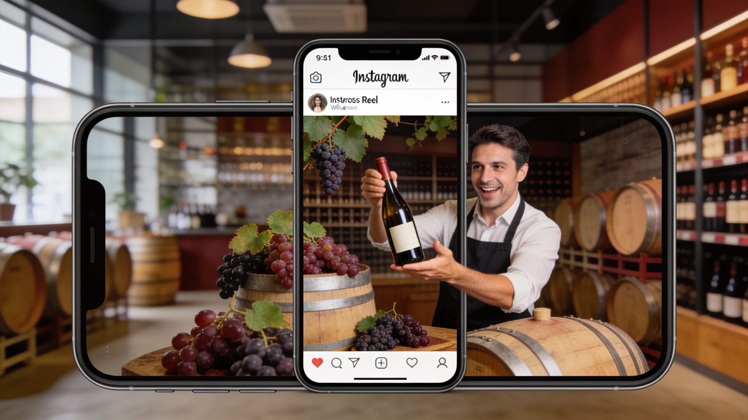 Un smartphone affichant un Reel Instagram captivant d'un caviste présentant une nouvelle bouteille de vin avec passion, entouré de grappes de raisin et de barriques. L'écran est superposé sur un arrière-plan flou de l'intérieur d'une cave moderne. Style photo réaliste, couleurs riches, composition dynamique.