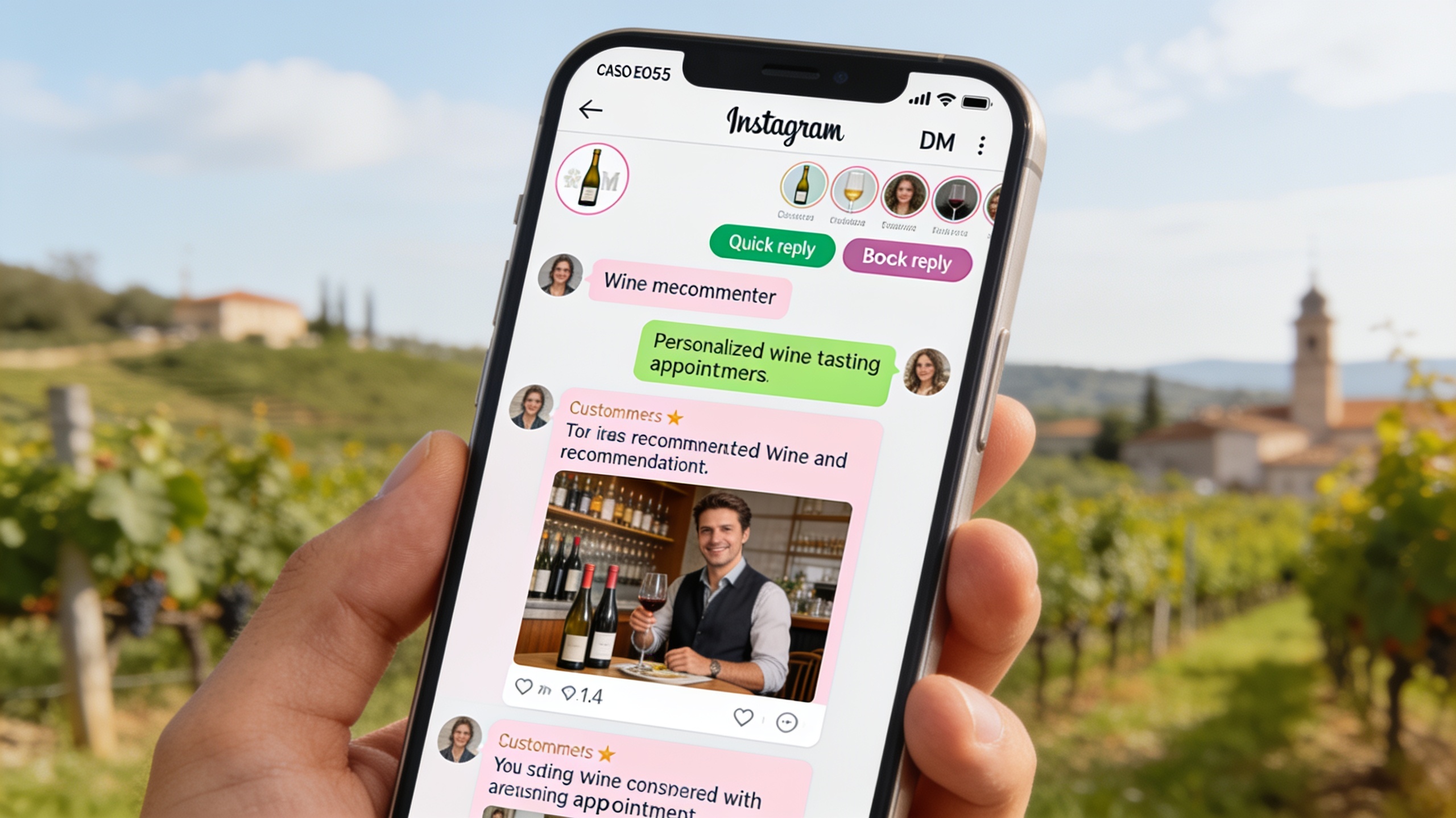 Un écran de smartphone montrant une conversation Instagram DM entre un caviste et un client, avec des messages personnalisés proposant des recommandations de vin basées sur les préférences du client, et des boutons de réponse rapide pour la prise de rendez-vous pour une dégustation. Ambiance interactive et conviviale. Style UI/UX design, couleurs douces.