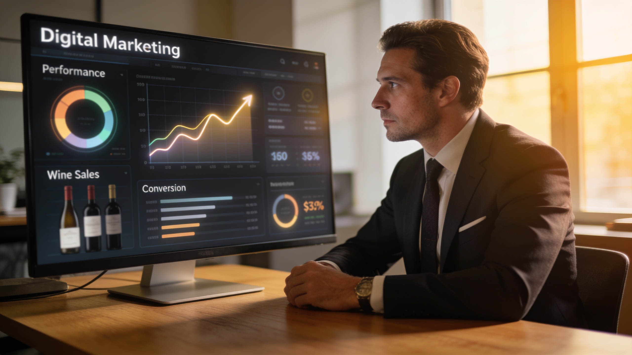 Un homme d'affaires élégant, un caviste, regarde un tableau de bord numérique affichant des graphiques de performance marketing digital, des données de ventes de vin, et des statistiques de conversion. L'écran projette des chiffres positifs, reflétant une croissance. Style photo réaliste, ambiance studieuse et moderne.