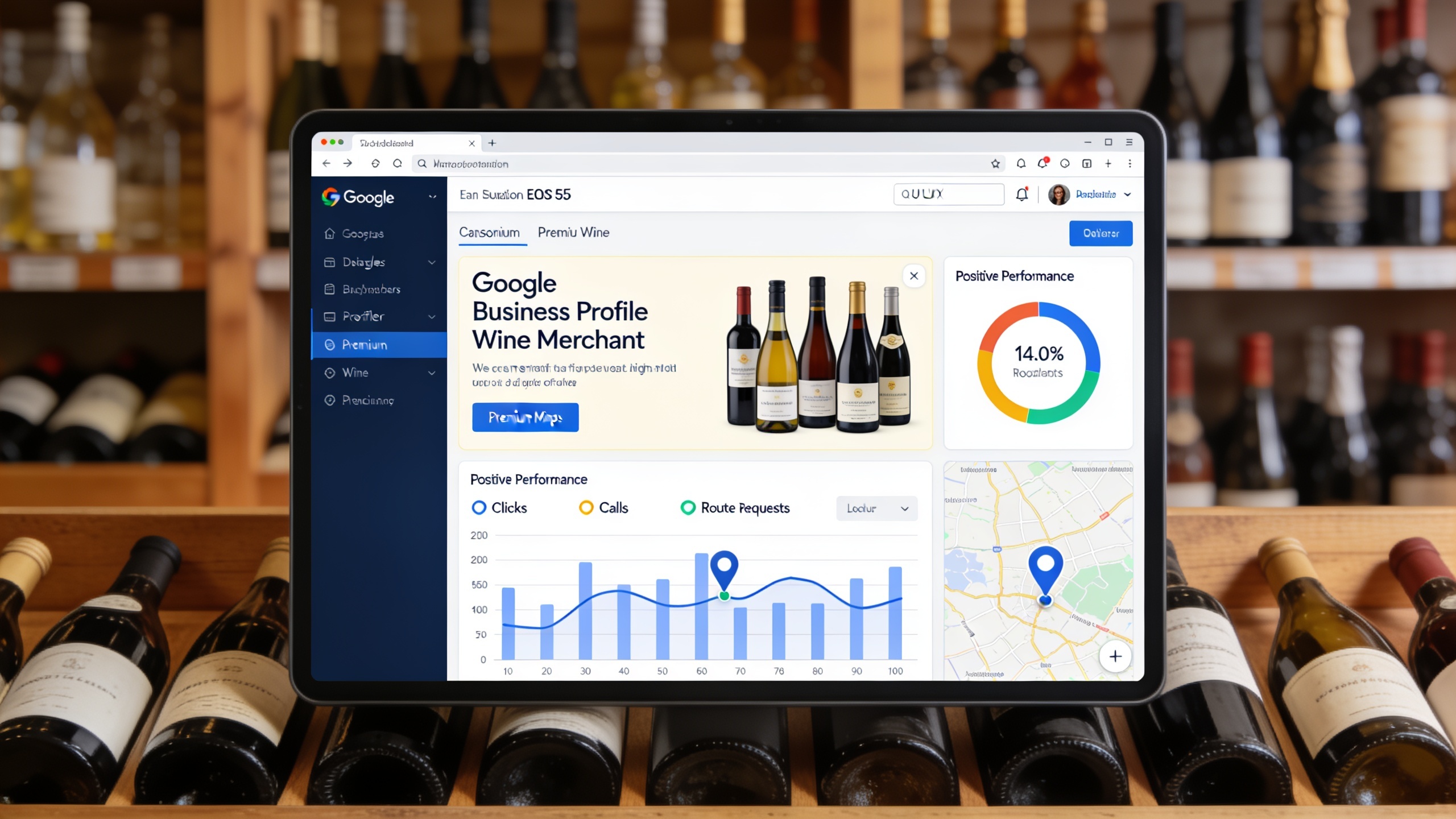 Interface de Google Business Profile d'un caviste, affichant des statistiques positives de clics et d'appels. Des photos de bouteilles de vin soigneusement rangées et une carte avec des épingles de localisation sont visibles en arrière-plan, style design UI UX épuré et moderne.