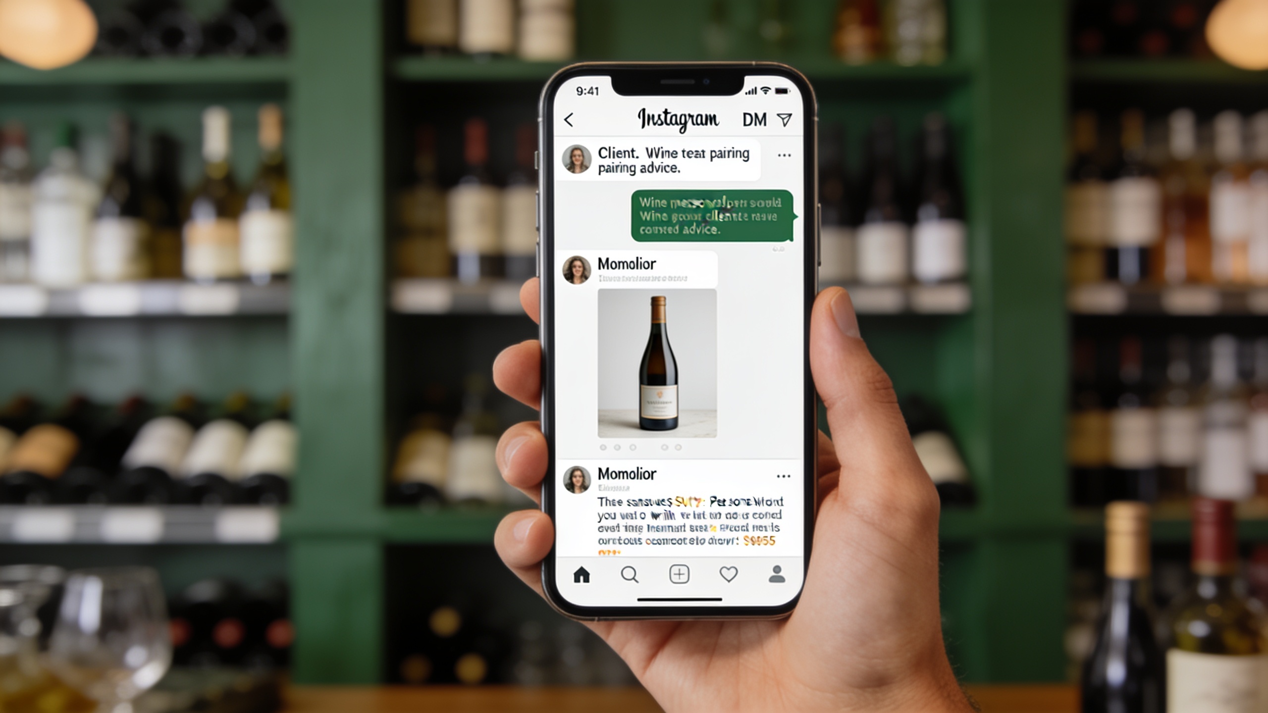 Un smartphone affichant une conversation DM Instagram entre un caviste et un client. Le client demande des conseils pour un vin, le caviste répond avec une image de bouteille et des suggestions, l'interface est épurée et moderne. Ambiance de conversation authentique et personnalisée.