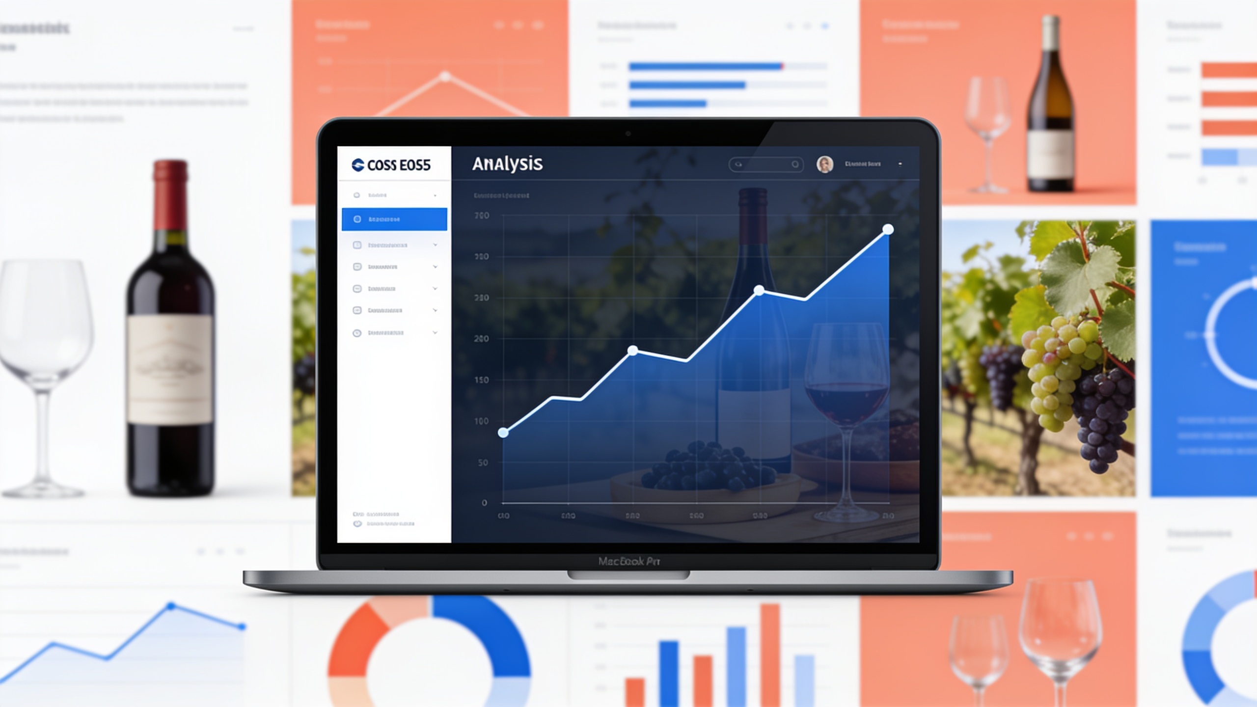 Un tableau de bord analytique clair et moderne affichant des graphiques de croissance des ventes, de l'engagement sur les réseaux sociaux et du trafic web pour un caviste. Des chiffres clés sont mis en évidence, suggérant une augmentation significative des performances. Style infographique épuré et professionnel.