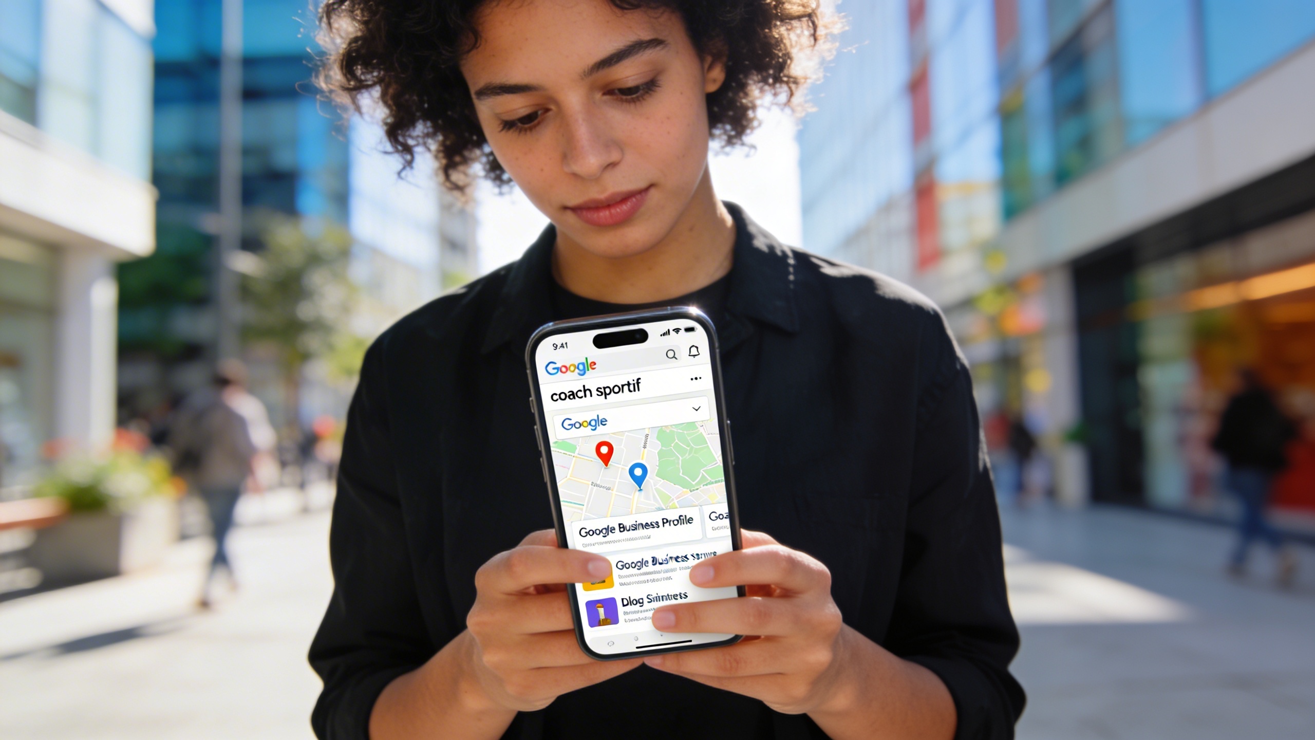 Personne concentrée sur son smartphone, cherchant 'coach sportif' sur Google, avec les résultats affichant une carte locale, des fiches d'entreprises et des articles de blog. Ambiance urbaine et dynamique, style photo réaliste, lumière du jour.
