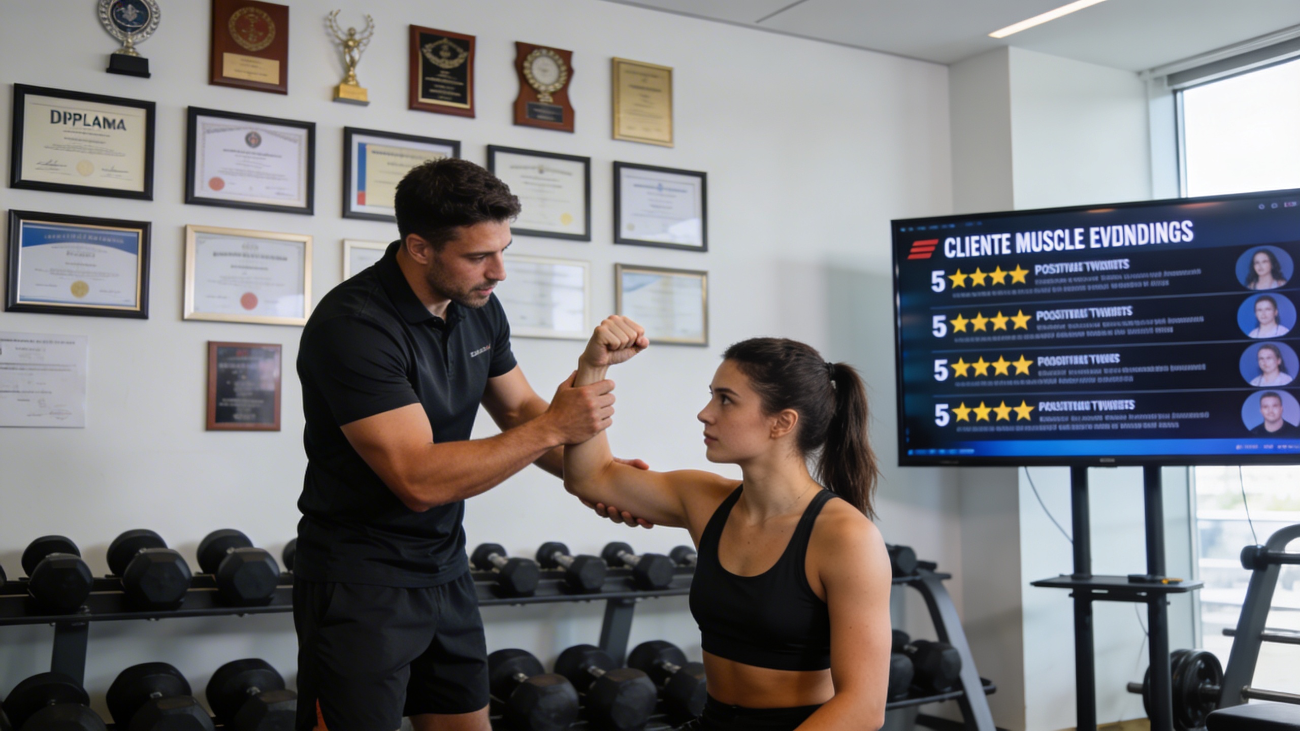 Coach sportif professionnel expliquant une technique de musculation à un client dans une salle de sport, avec des diplômes et certifications encadrés sur le mur en arrière-plan. Un écran affiche des témoignages positifs de clients. Lumière naturelle, style documentaire éditorial.