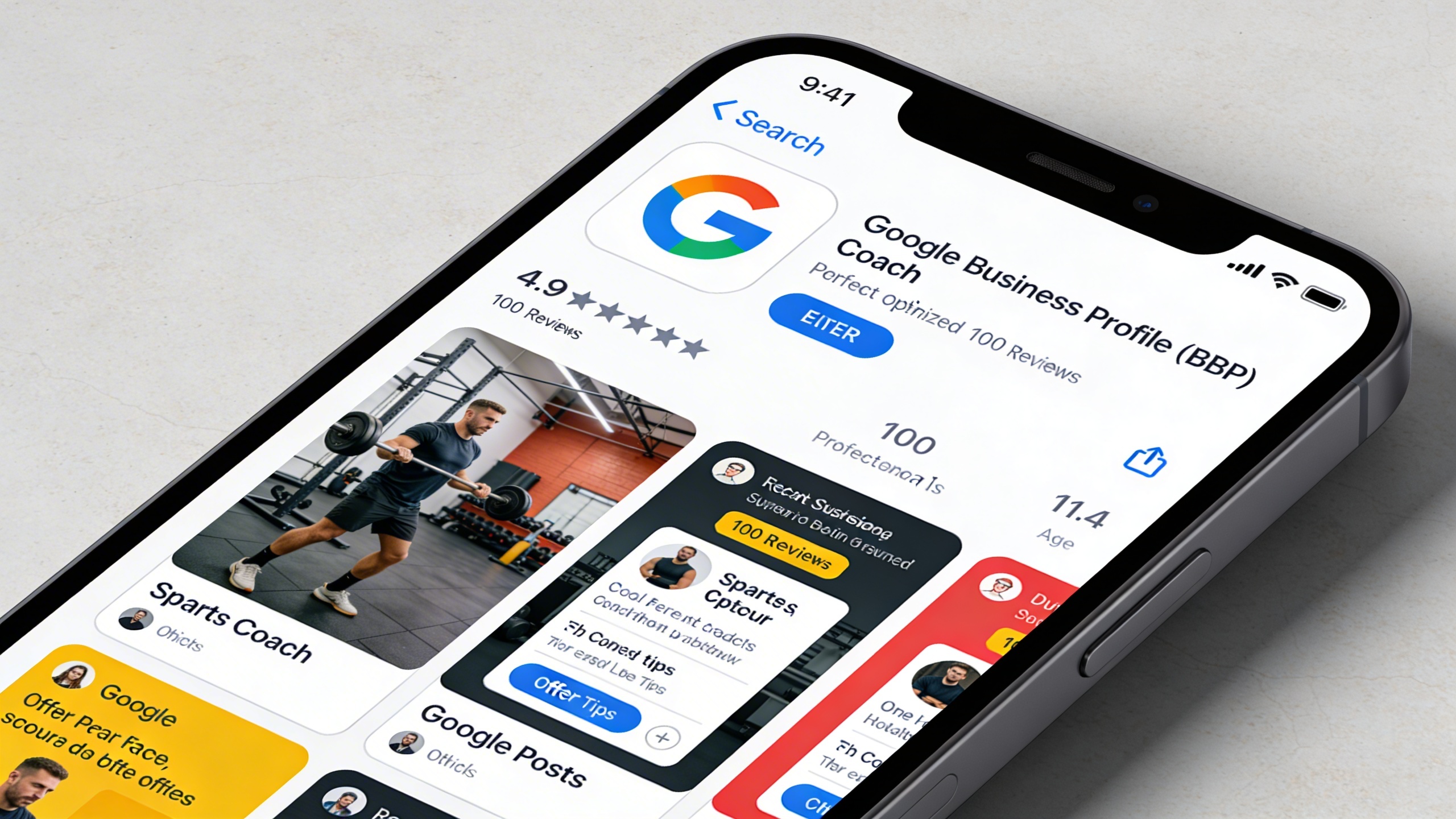 Capture d'écran réaliste d'une fiche Google Business Profile optimisée pour un coach sportif, affichant une note élevée, de nombreux avis, des photos professionnelles du coach et du studio, et des Google Posts récents. Contexte mobile, design épuré.