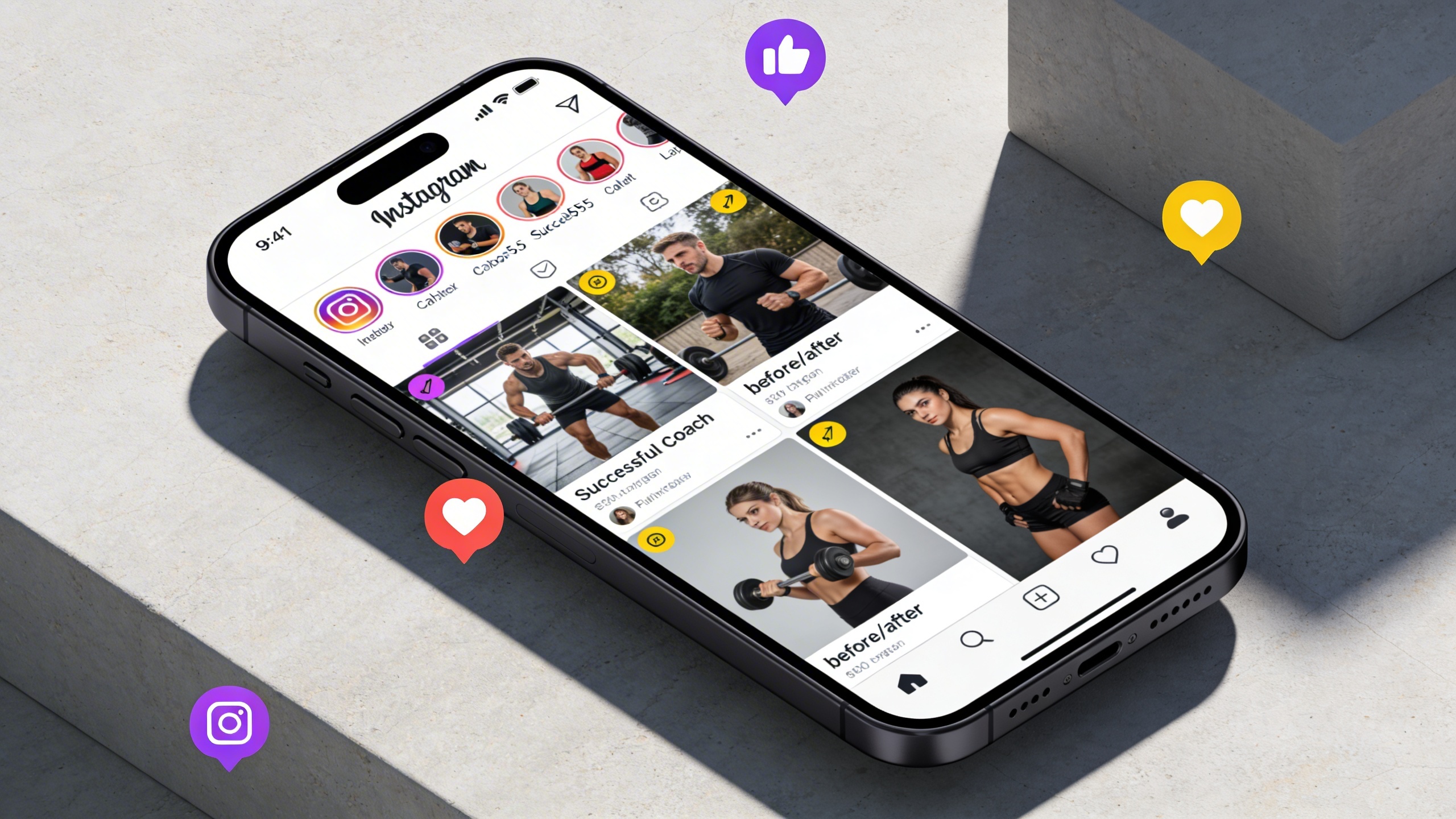 Écran de smartphone affichant un carrousel Instagram de posts 'avant/après' d'un coach sportif, avec des légendes détaillées et des hashtags pertinents. Des icônes de likes, commentaires et partages sont visibles. Ambiance motivante, style UI/UX photo réaliste.