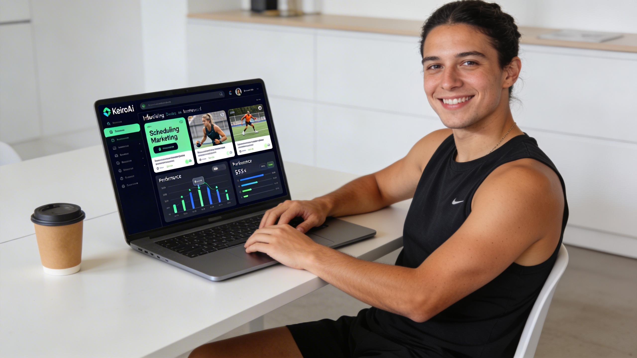 Coach sportif détendu et souriant devant son ordinateur portable, affichant le tableau de bord intuitif de KeiroAI avec des posts marketing programmés, des statistiques de performance et des visuels attrayants. Un café est posé à côté. Ambiance de travail efficace et sereine, style photo éditorial.