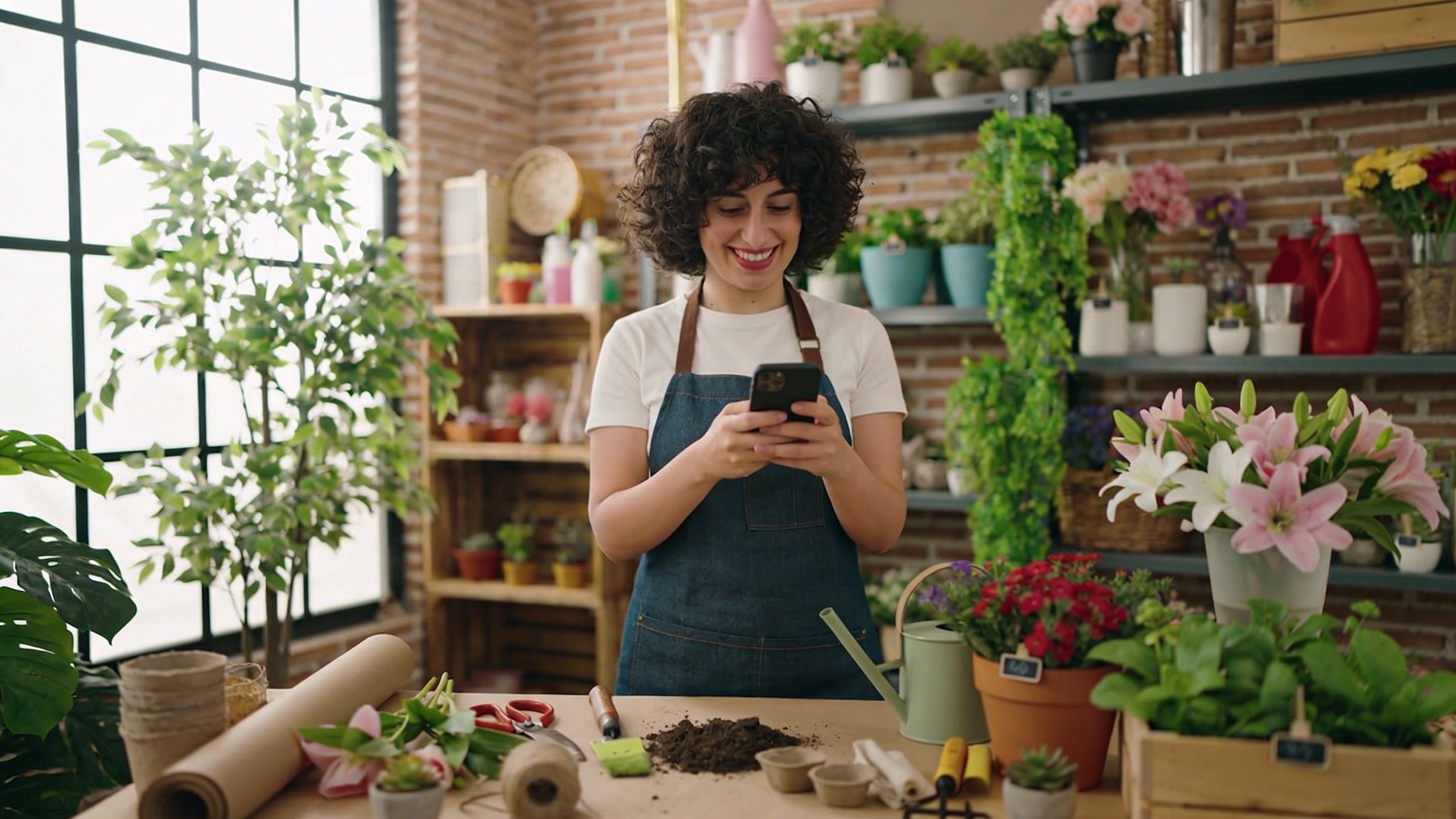 Une fleuriste utilisant son smartphone pour répondre aux avis clients sur sa fiche Google Business Profile, avec un grand sourire. Autour d'elle, des plantes vertes luxuriantes et des outils de jardinage. La scène est réaliste, ambiance de travail concentré et efficace, style photo documentaire, lumière naturelle douce, composition en plan moyen.
