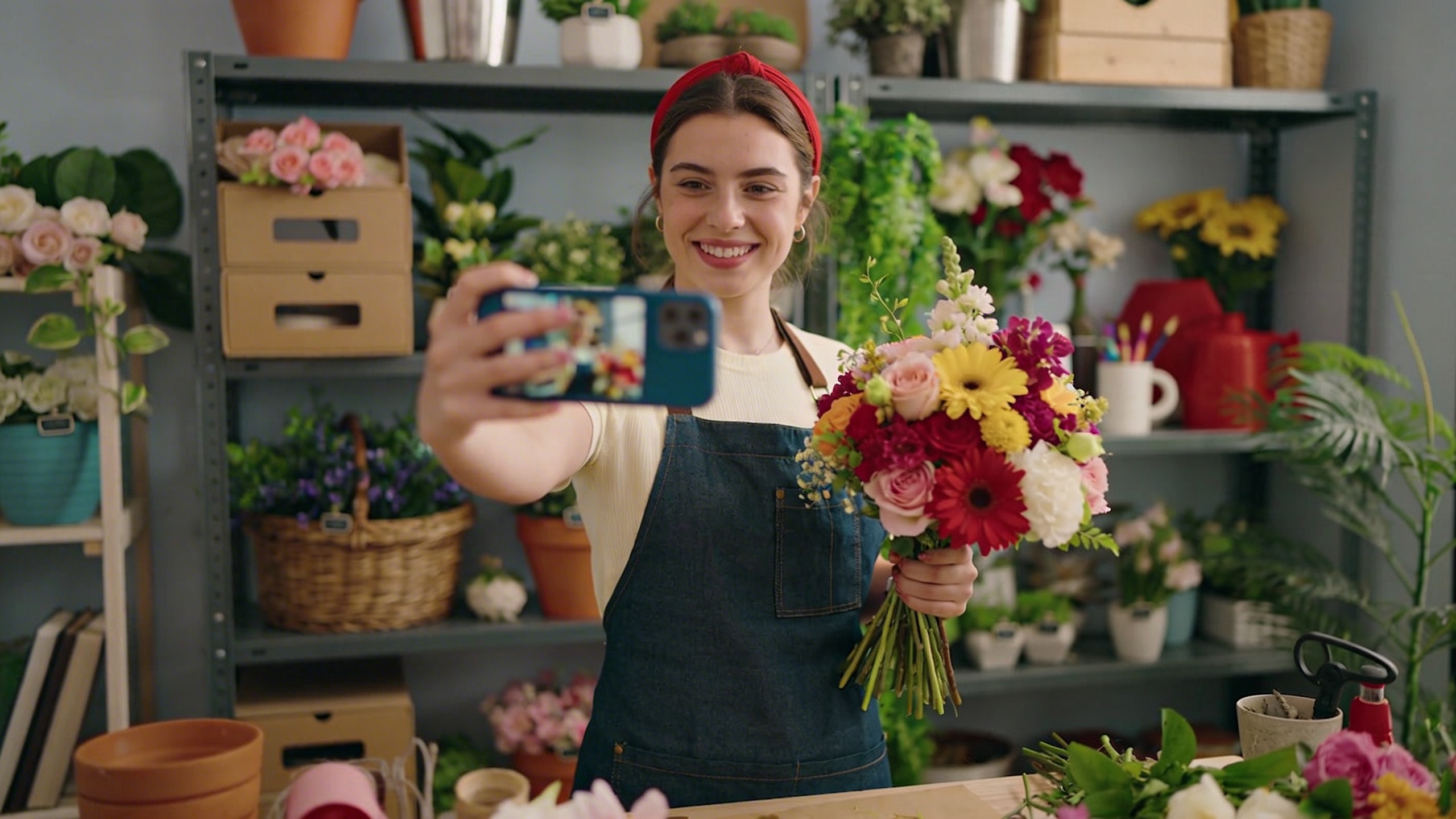 Une jeune femme fleuriste capturant un Reel TikTok avec son smartphone, montrant un bouquet de fleurs fraîches avec un effet de ralenti et de couleurs vives. L'arrière-plan est sa boutique avec des étagères remplies de plantes et de pots. La scène est dynamique et moderne, style vidéo courte pour réseaux sociaux, lumière vive et contrastée, composition en mouvement.