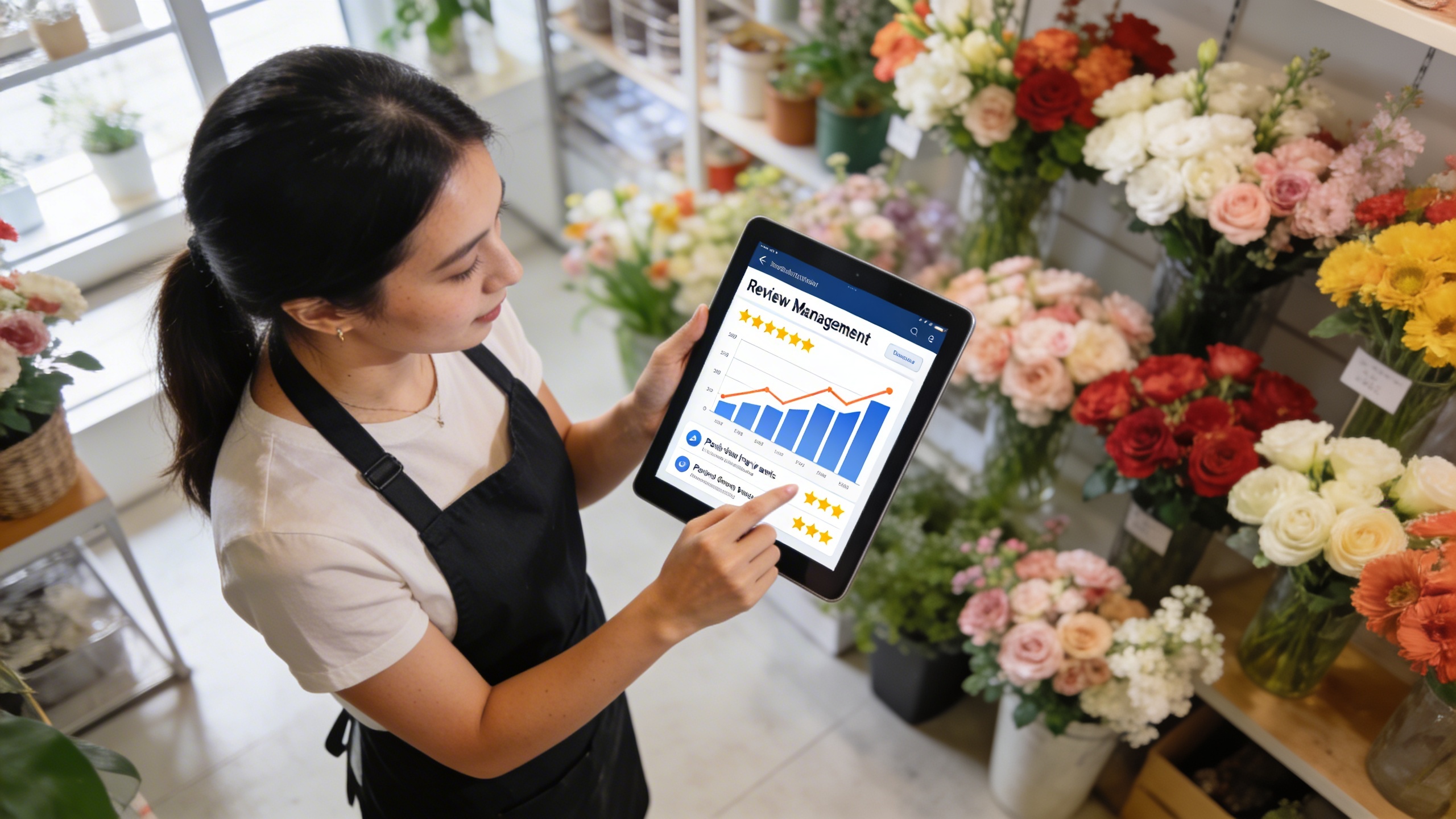 Une fleuriste utilisant une application de gestion d'avis sur sa tablette, avec des graphiques montrant une augmentation des avis positifs et de la note moyenne. Elle est dans sa boutique, lumineuse et moderne, avec des fleurs fraîches en arrière-plan. La scène est réaliste, ambiance de travail concentré et efficace, style photo éditorial, lumière du jour, composition en plongée légère.
