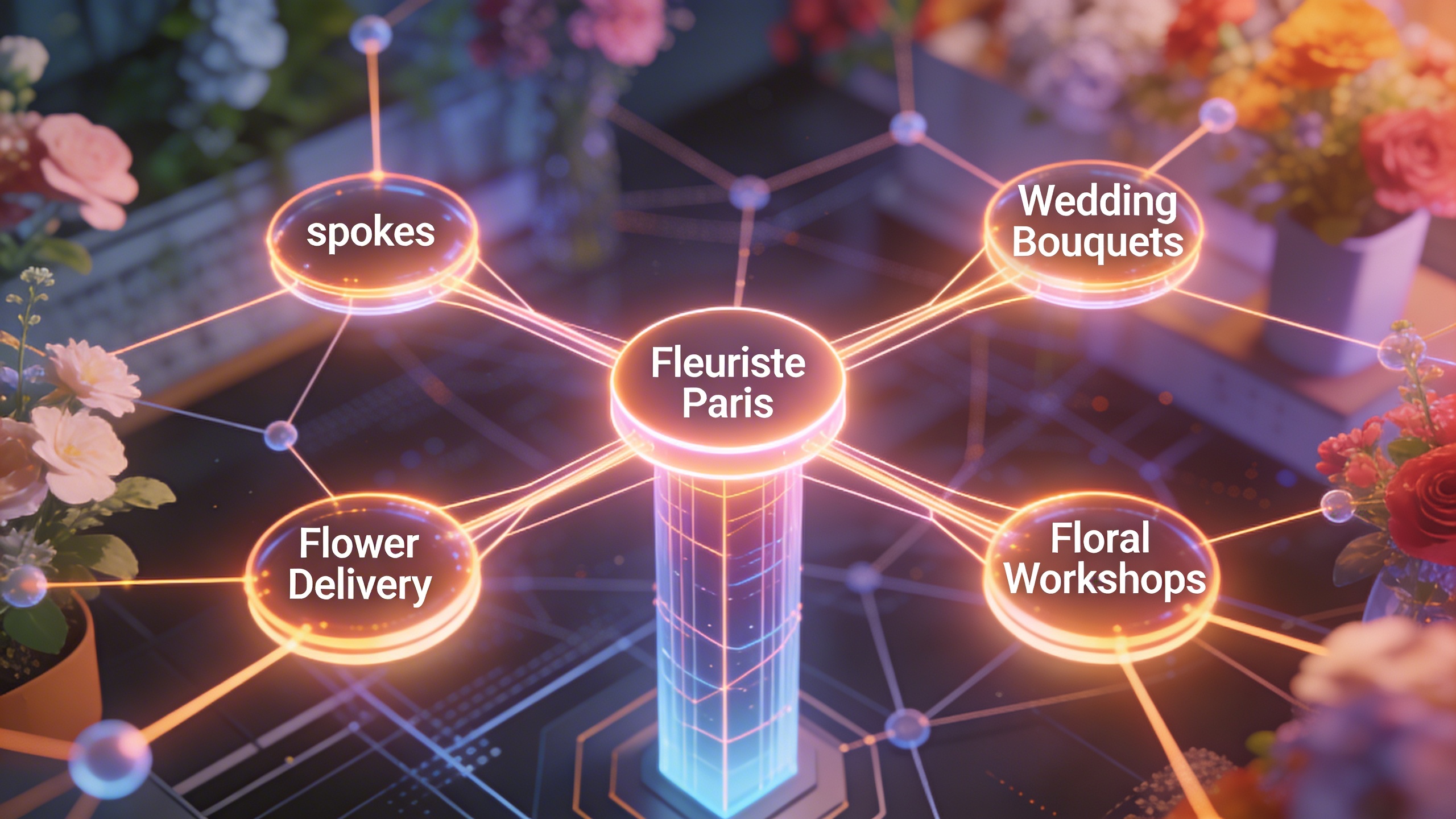 Un schéma complexe de maillage interne représentant des liens entre différentes pages d'un site web de fleuriste, visualisé comme un réseau neuronal lumineux. Au centre, une page pilier 'Fleuriste Paris' est connectée à des 'spokes' comme 'Bouquets de Mariée', 'Livraison de Fleurs', 'Ateliers Floraux'. L'image est stylisée, avec des couleurs vives et un effet de profondeur, style illustration isométrique numérique, futuriste et propre.