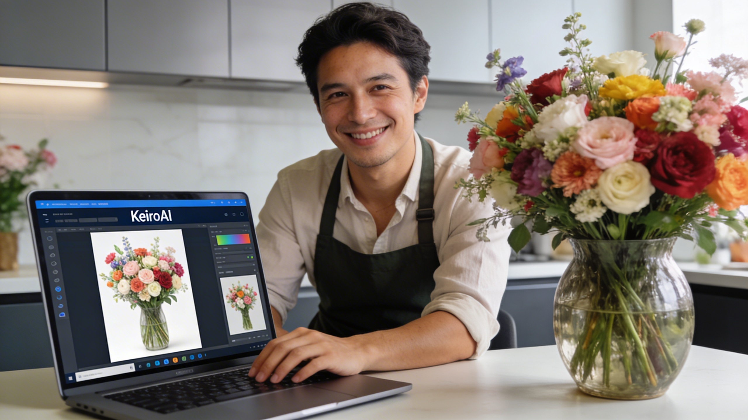 Une fleuriste utilisant l'interface de KeiroAI sur un ordinateur portable, avec des visuels de bouquets générés par IA affichés à l'écran. Elle a un air soulagé et confiant. Le bureau est moderne, avec un grand vase de fleurs fraîches à côté. La scène est réaliste, lumière du jour, ambiance de productivité et d'innovation, composition équilibrée et naturelle.