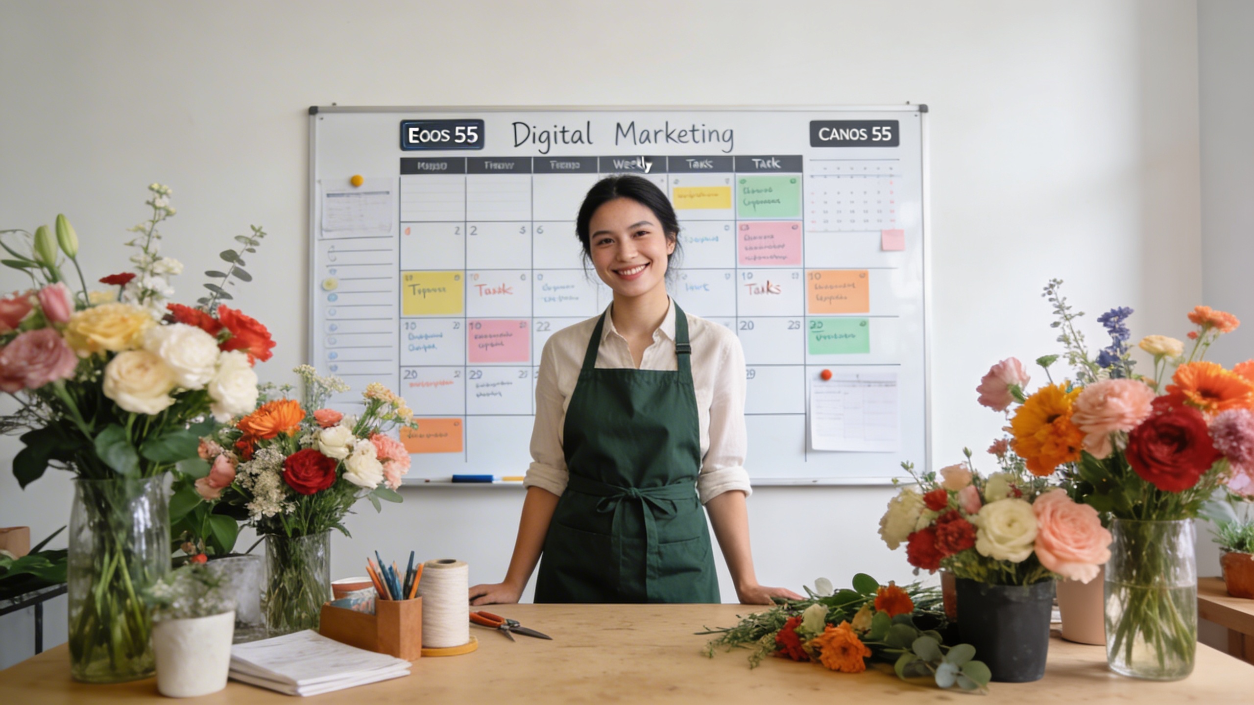 Une fleuriste organisée devant un tableau blanc avec un calendrier marketing digital rempli de tâches pour la semaine, incluant 'Google Posts', 'Reels Instagram', 'Réponses aux avis'. Elle est souriante et confiante, dans un environnement de travail clair et inspirant. Lumière naturelle, style photo éditorial professionnel, composition en plan large montrant l'organisation.